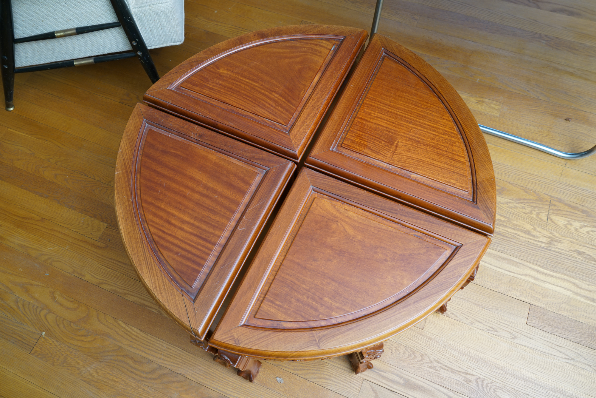 Vintage Chinese Style Carved Wood Coffee Table with Nesting Stools