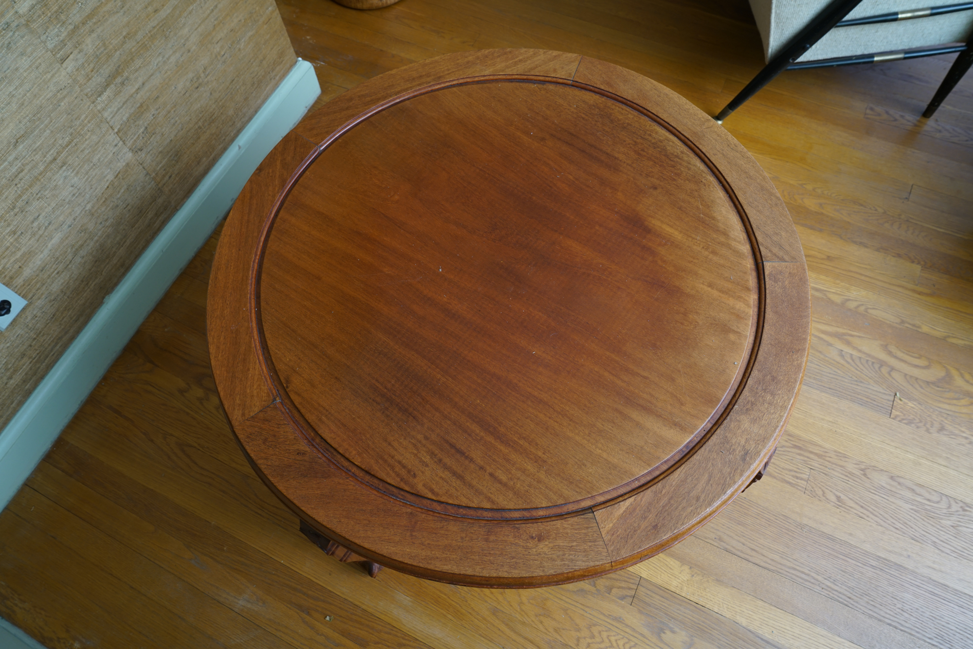 Vintage Chinese Style Carved Wood Coffee Table with Nesting Stools