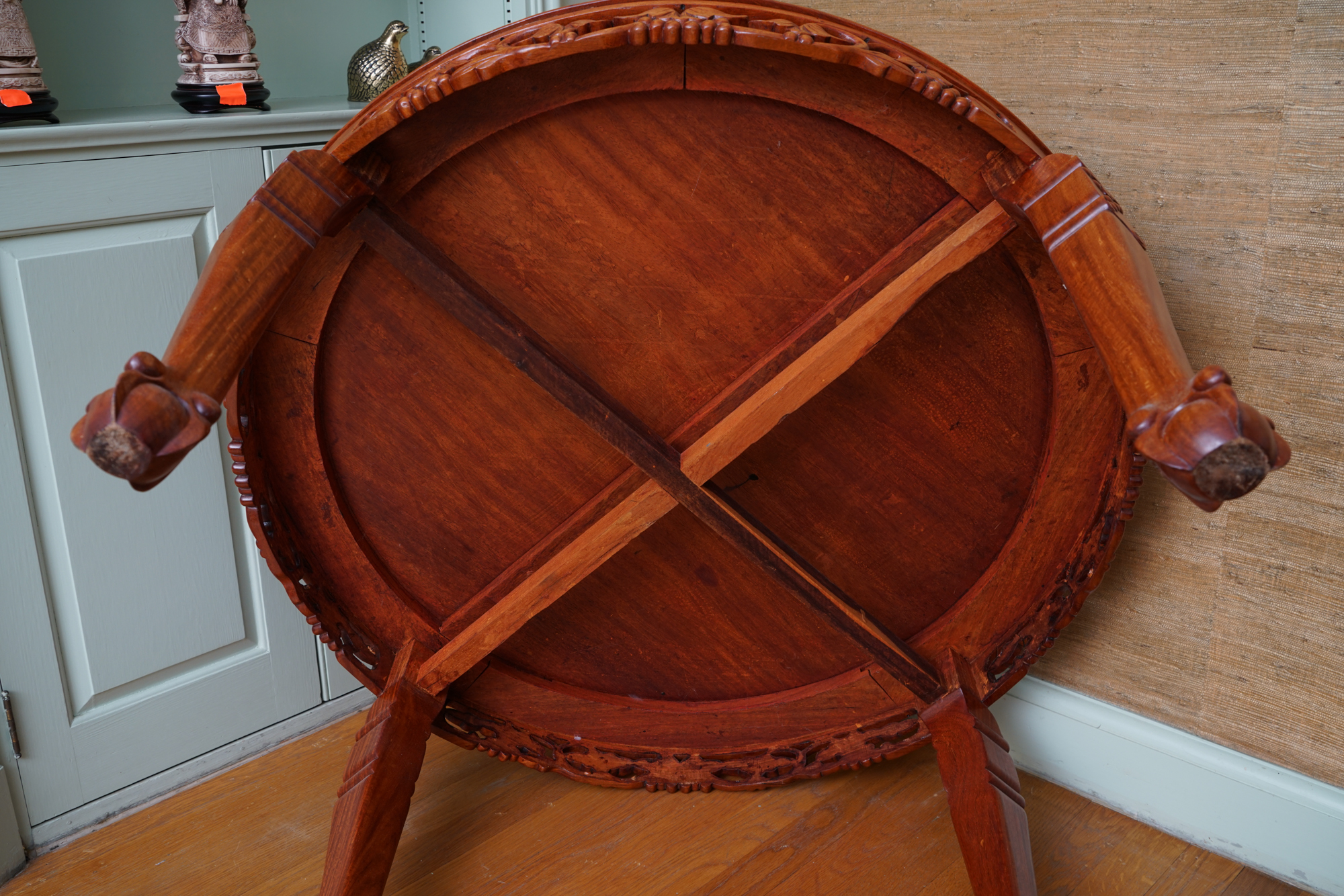 Vintage Chinese Style Carved Wood Coffee Table with Nesting Stools