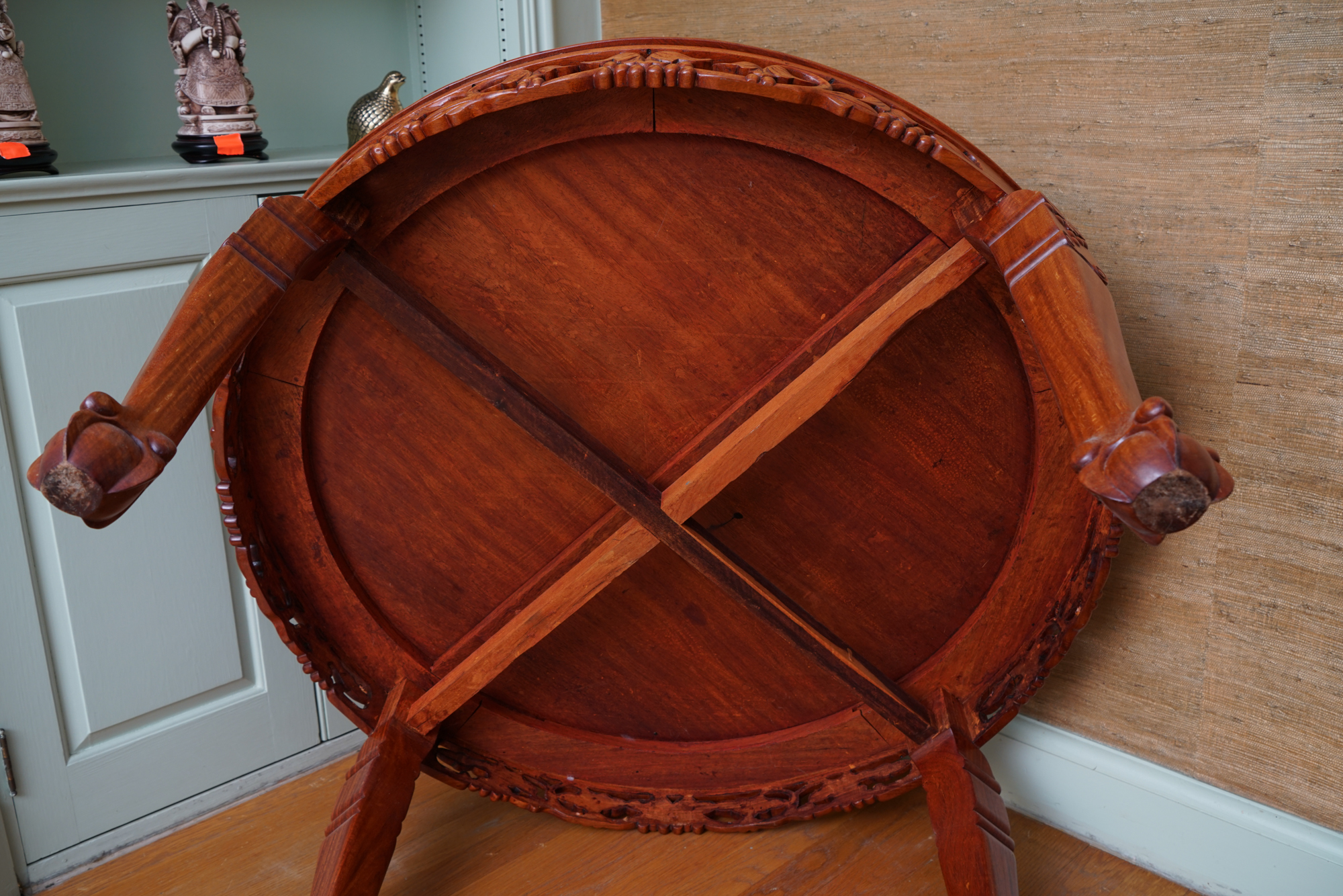Vintage Chinese Style Carved Wood Coffee Table with Nesting Stools