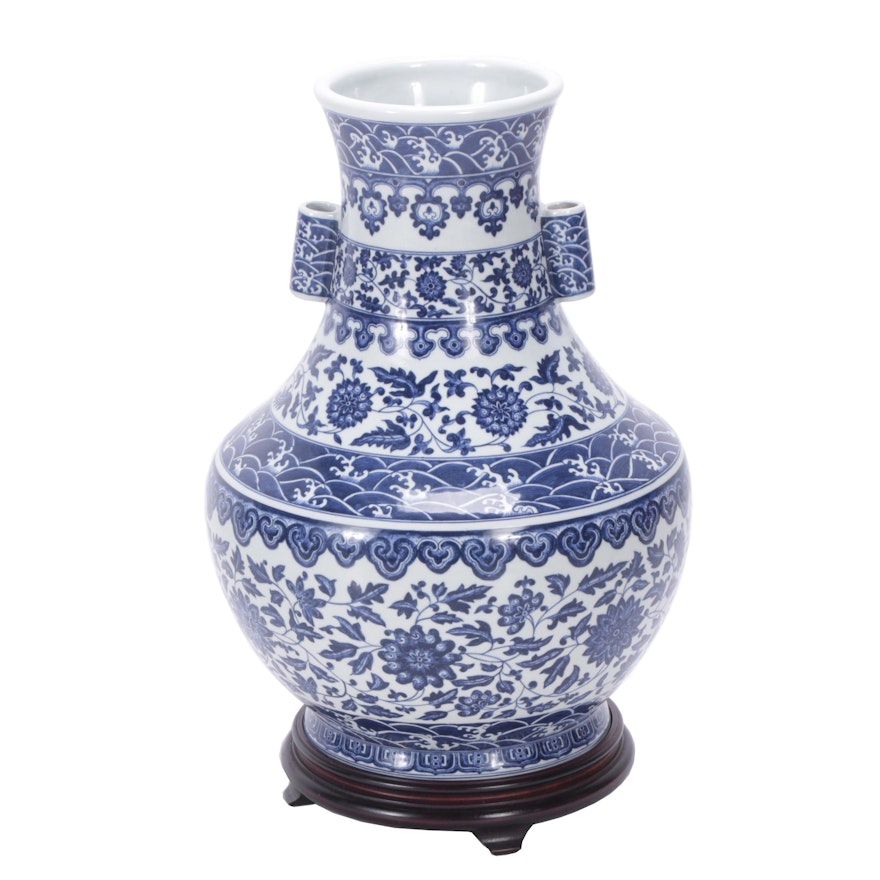 Chinese Blue and White Ceramic Vase with Wooden Stand