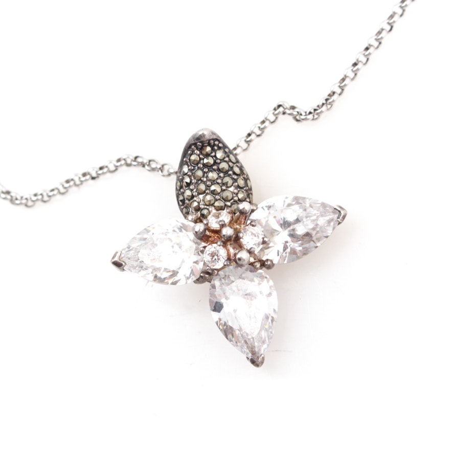 Sterling Silver Marcasite and Cubic Zirconia Pendant Necklace