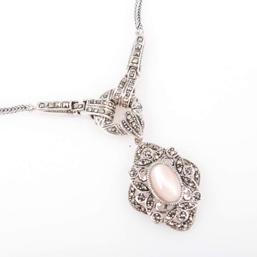 Sterling Silver, Marcasite and Mother of Pearl Pendant Necklace