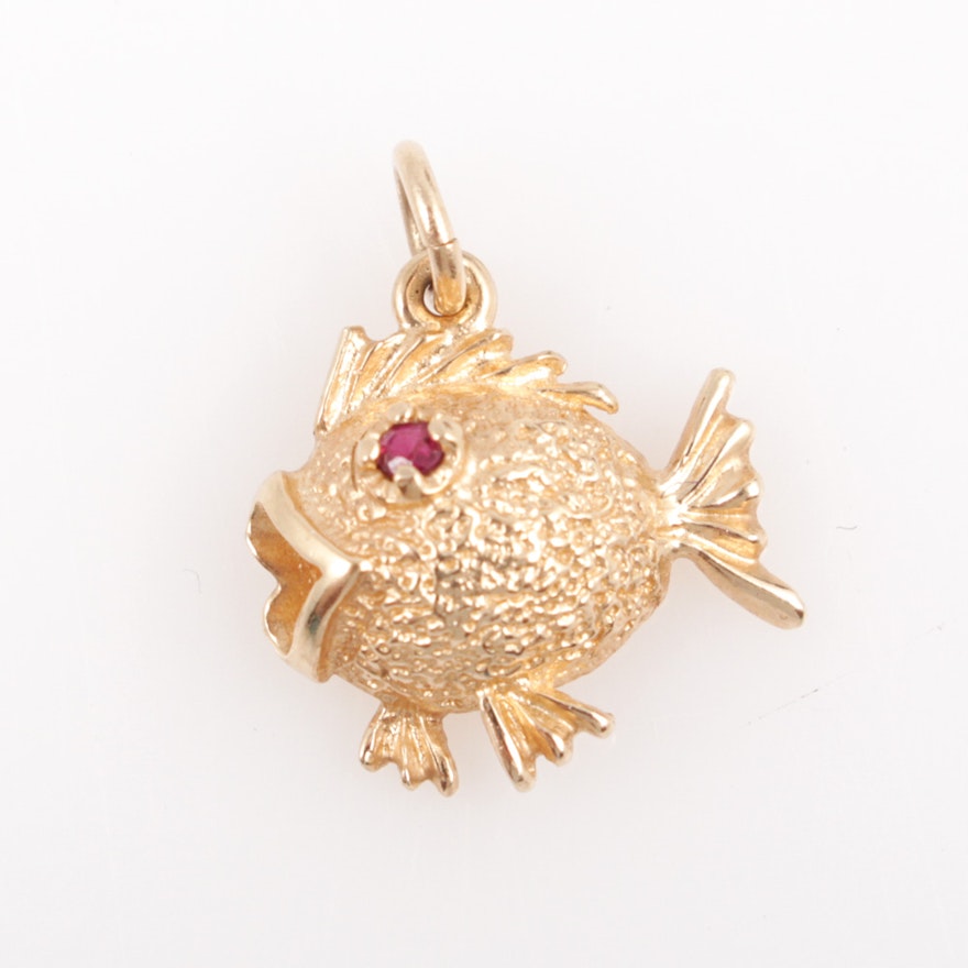 14K Yellow Gold and Ruby Fish Pendant