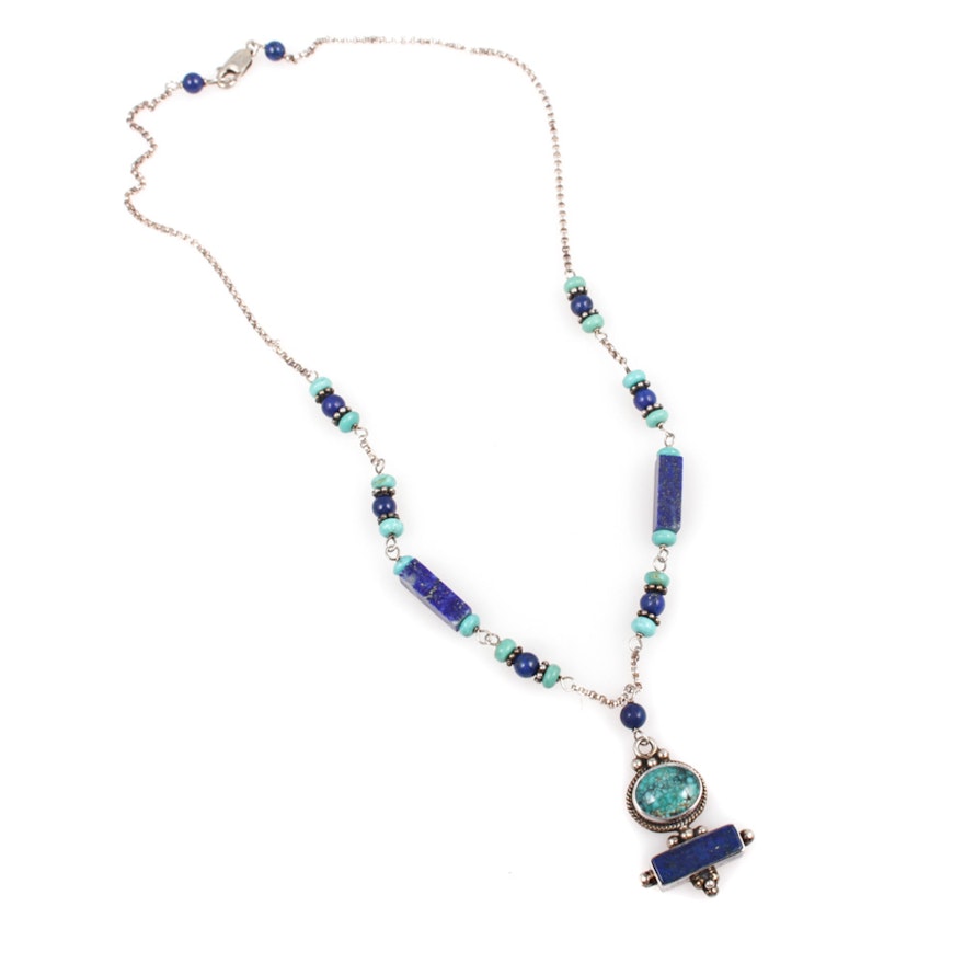 Sterling Silver, Turquoise, and Lapis Lazuli Necklace