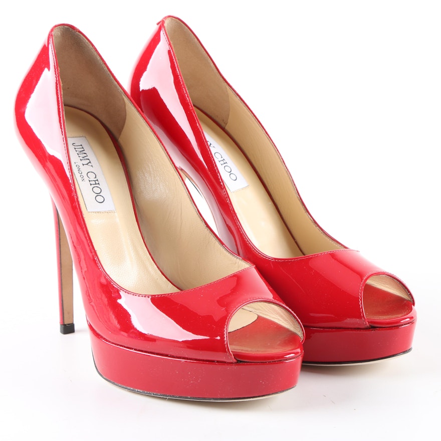 Jimmy Choo Crown Red Patent Leather Peep-Toe Platform Pumps