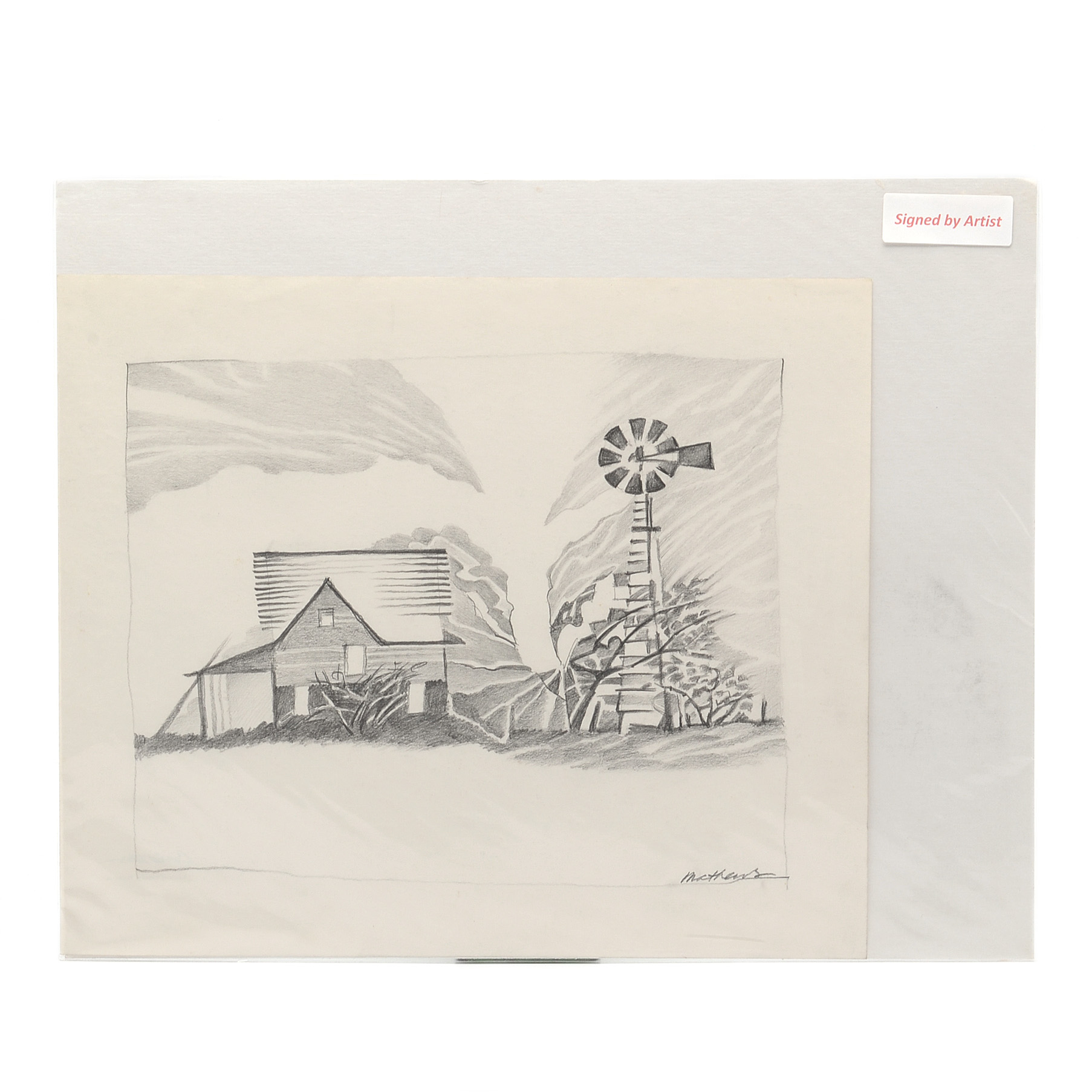 Carol Mathews Graphite Drawing on Paper of Pastoral Scene