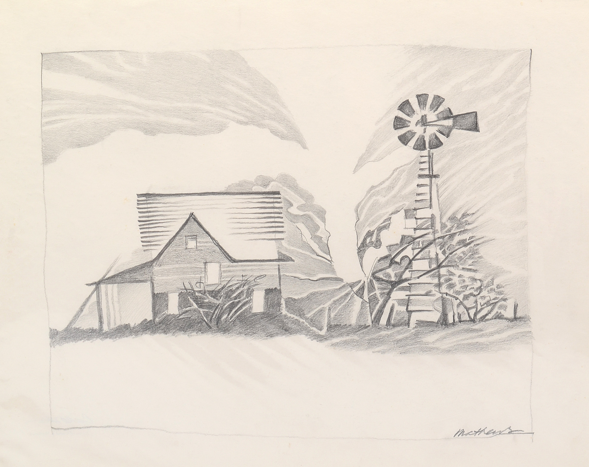 Carol Mathews Graphite Drawing on Paper of Pastoral Scene