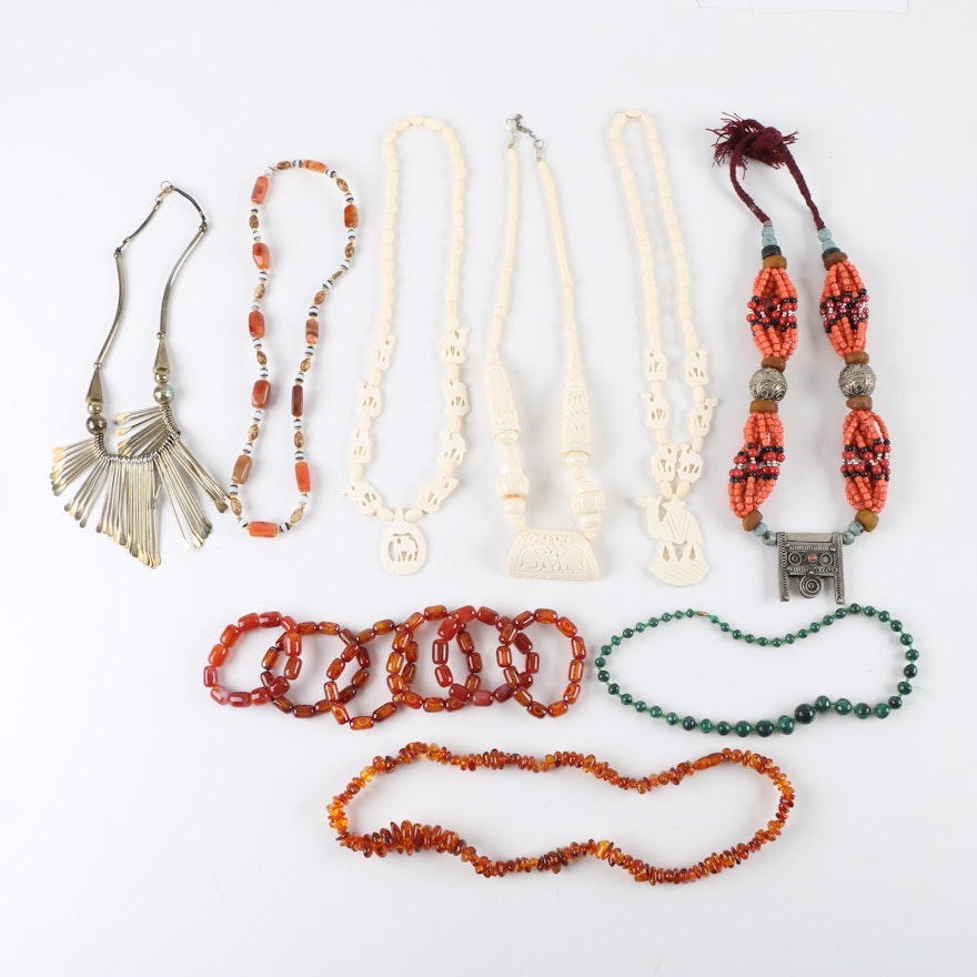 Gold Tone Beaded Gemstone Necklaces and Bracelets