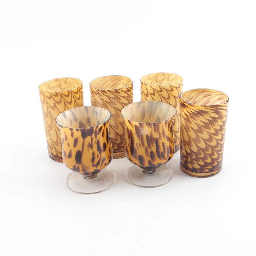 Global Amici Blown Glass "Peacock" Tumblers and "Safari" Footed Glasses