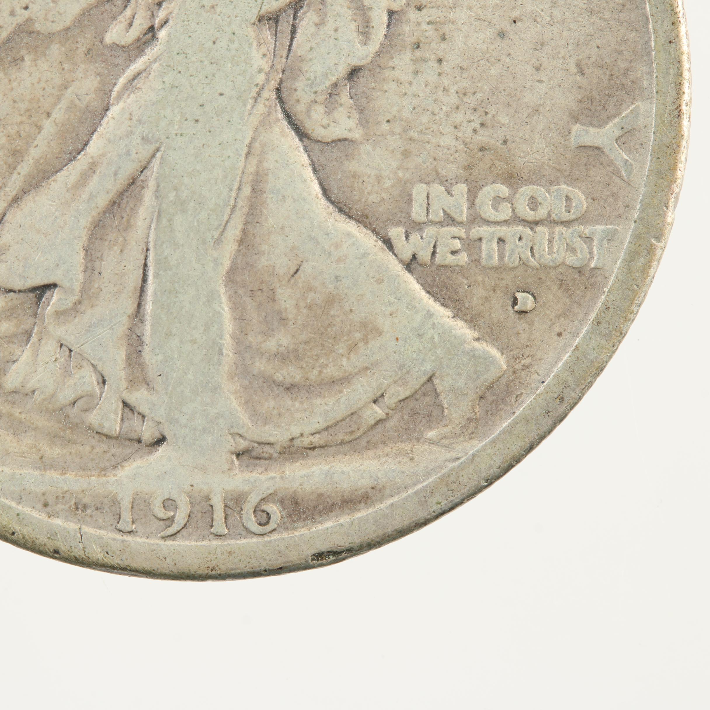 1916-D Walking Liberty Silver Half Dollar, Obverse Mint Mark Variety