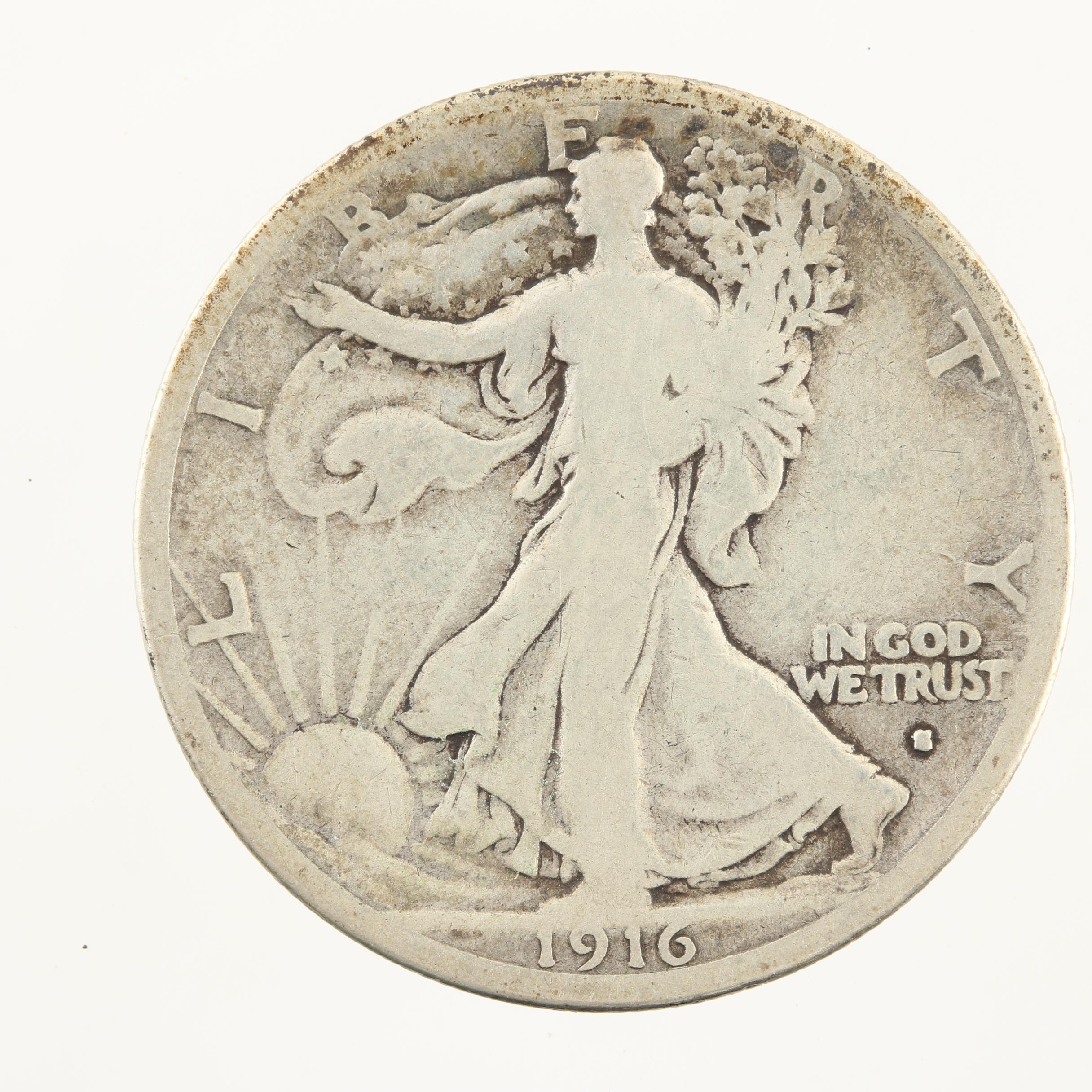Key Date 1916-S Walking Liberty Silver Half Dollar, Obverse Mint Mark Variety