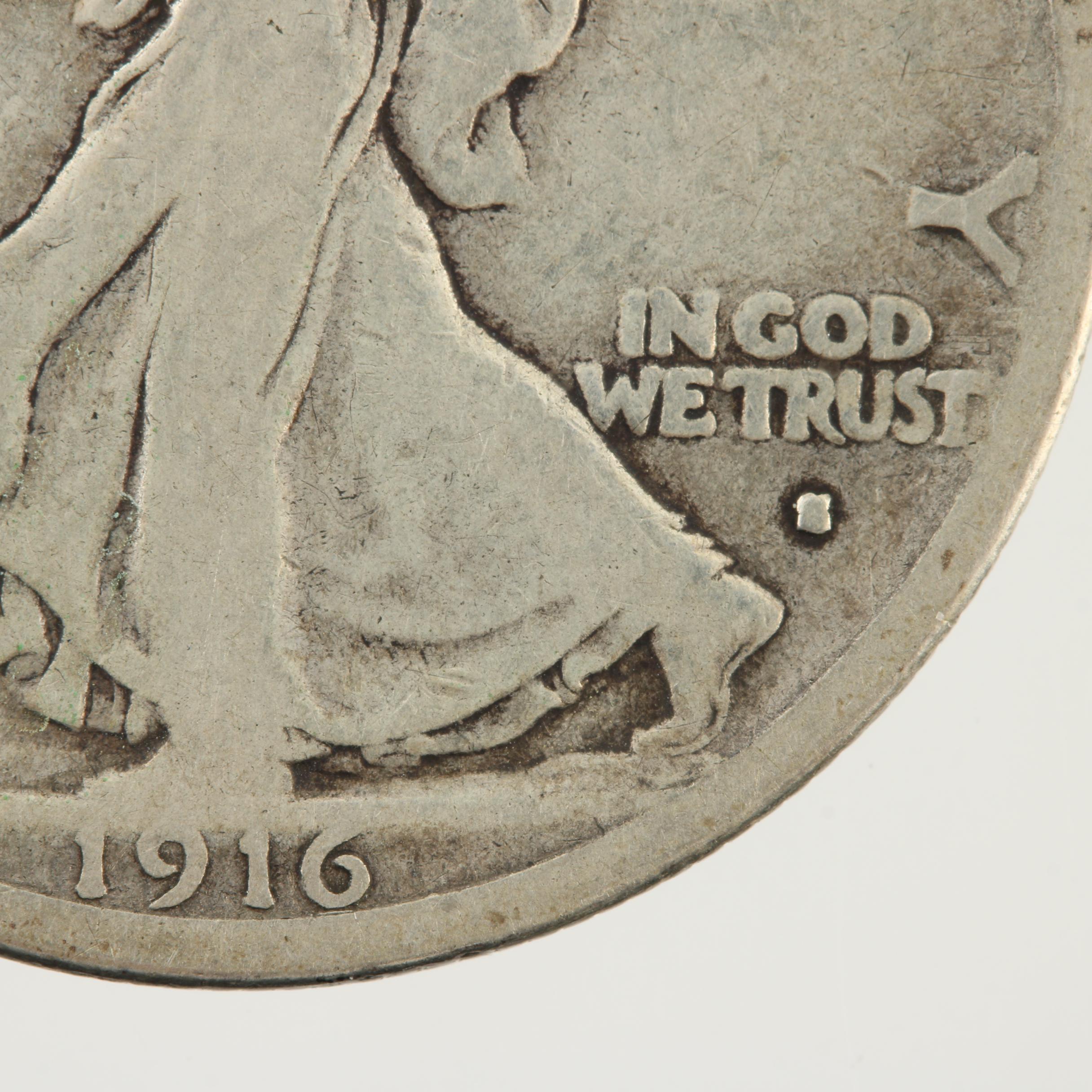 Key Date 1916-S Walking Liberty Silver Half Dollar, Obverse Mint Mark Variety