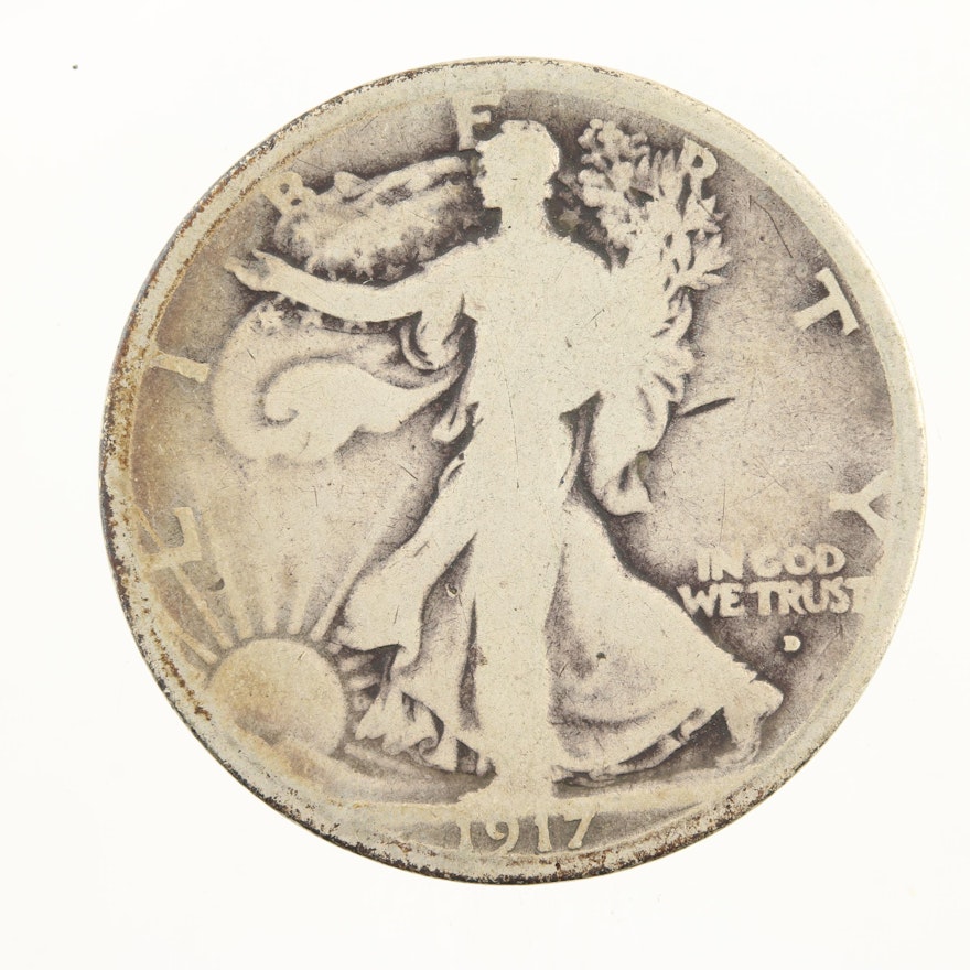 Low Mintage 1917-D Walking Liberty Silver Half Dollar, Obverse Mint Mark Variety
