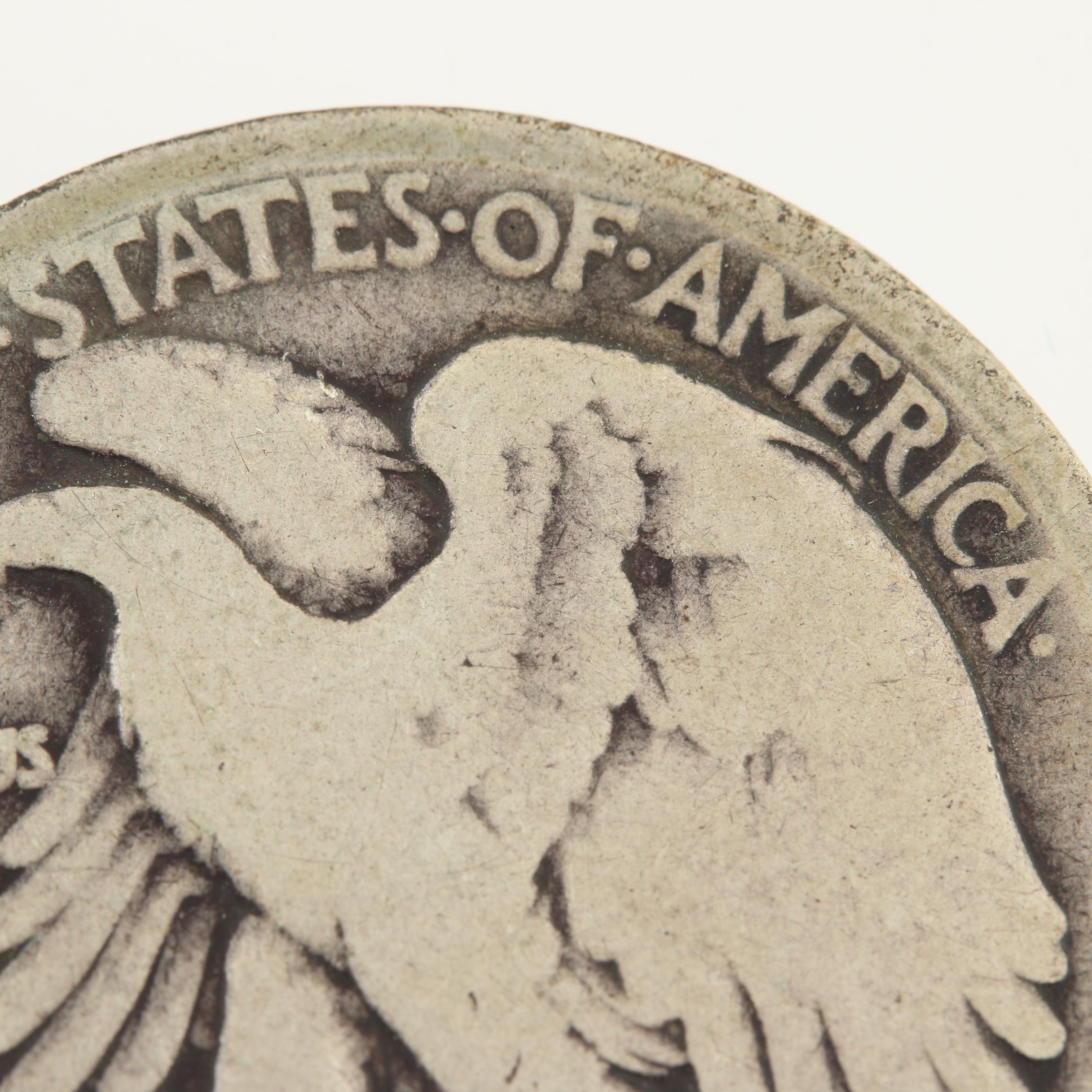 Low Mintage 1917-D Walking Liberty Silver Half Dollar, Obverse Mint Mark Variety