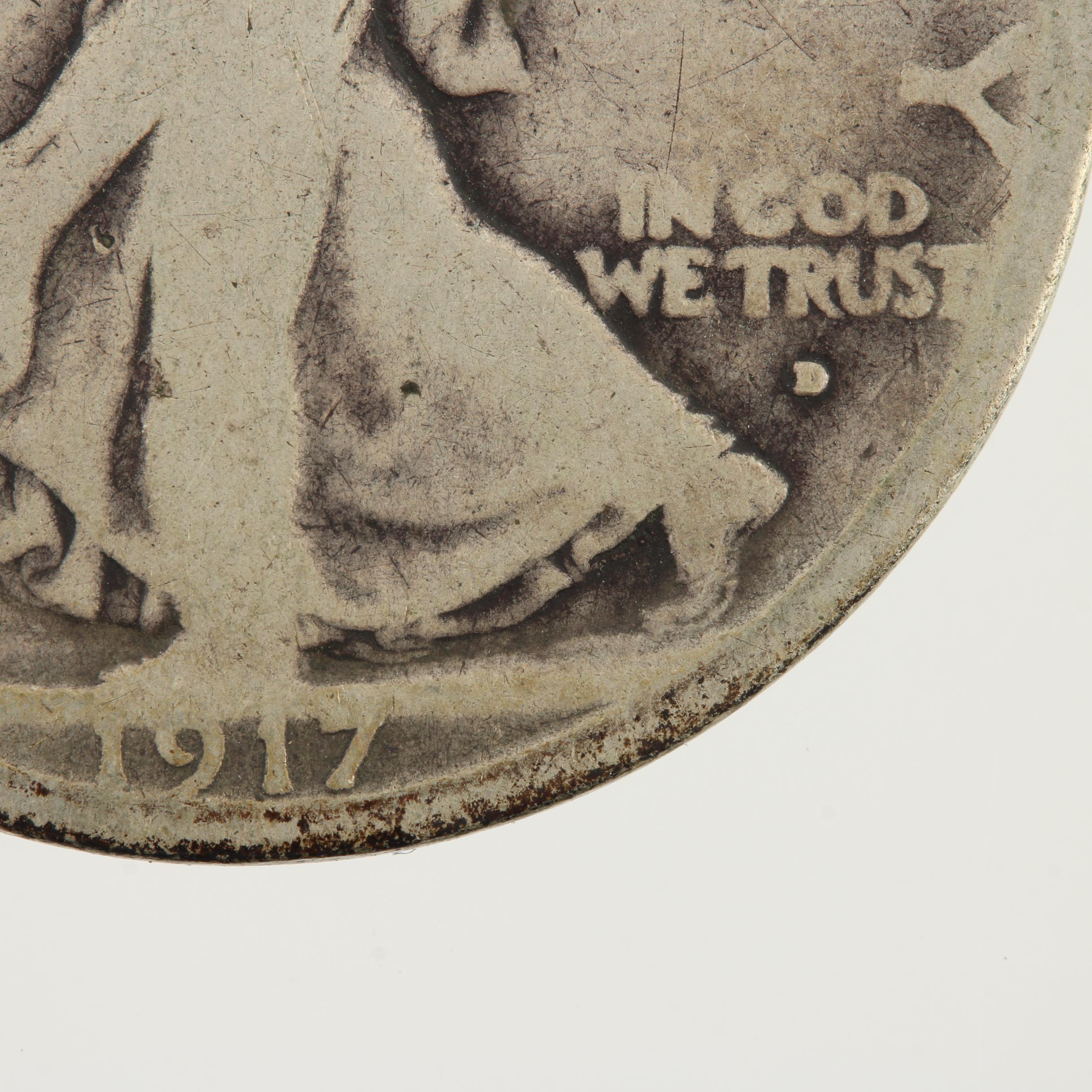 Low Mintage 1917-D Walking Liberty Silver Half Dollar, Obverse Mint Mark Variety