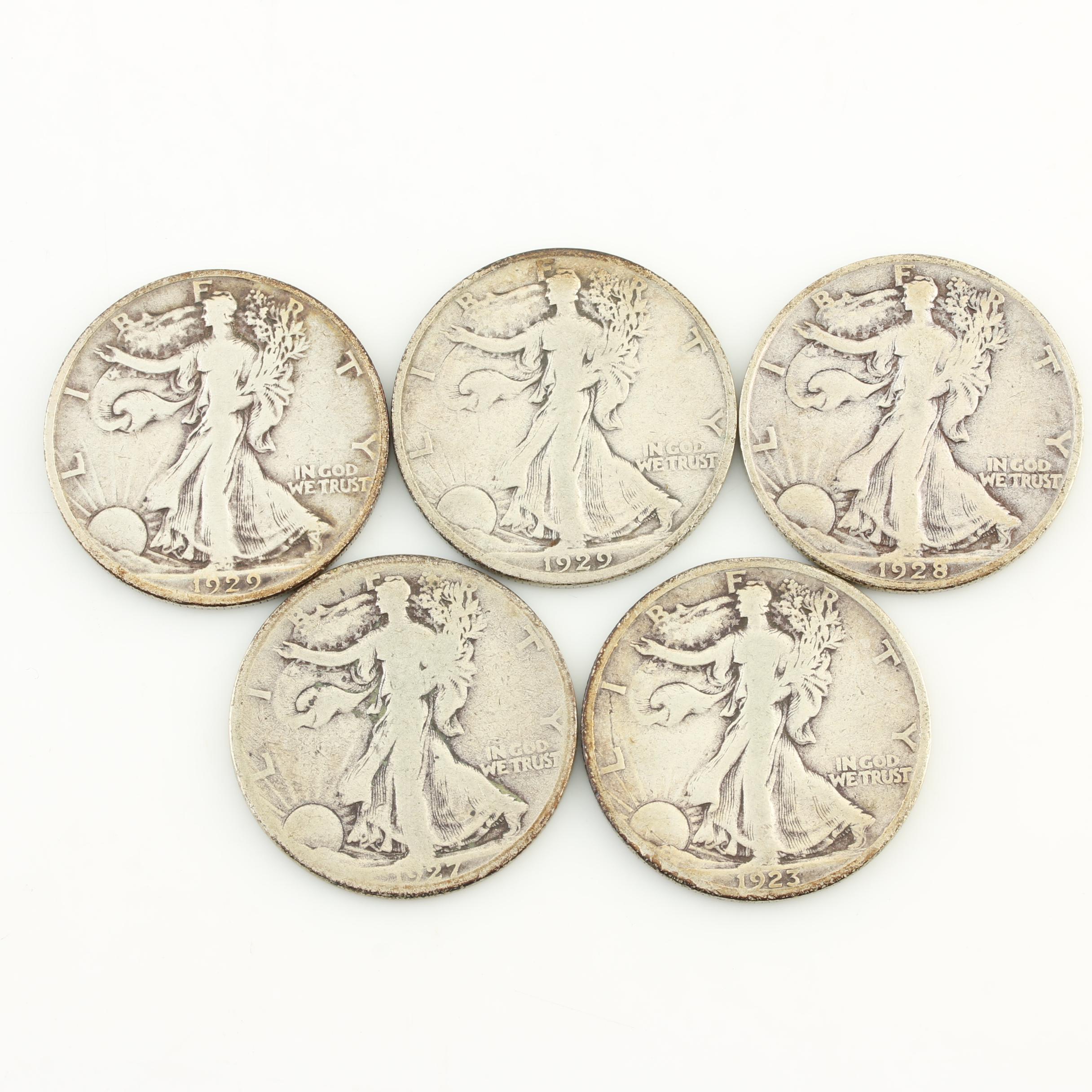 Five Walking Liberty Silver Half Dollars from the 1920s
