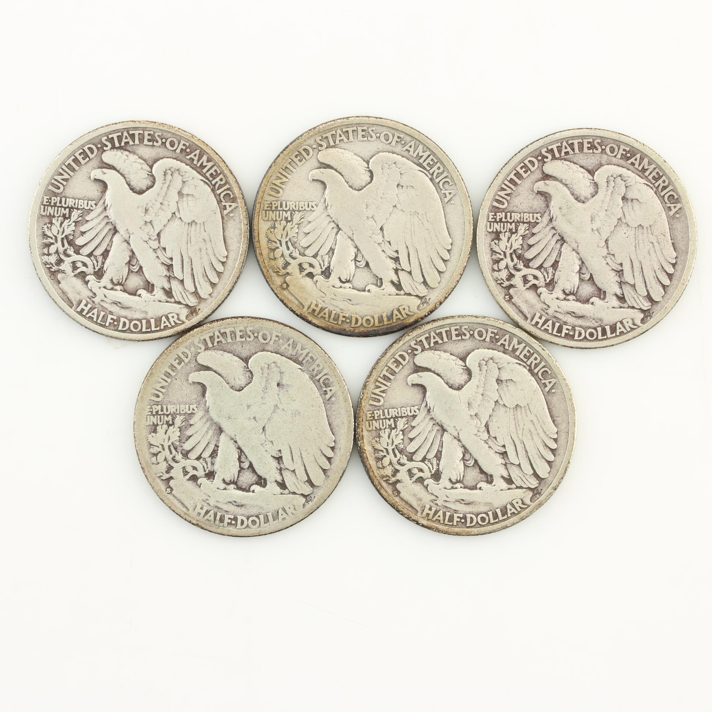 Five Walking Liberty Silver Half Dollars from the 1920s
