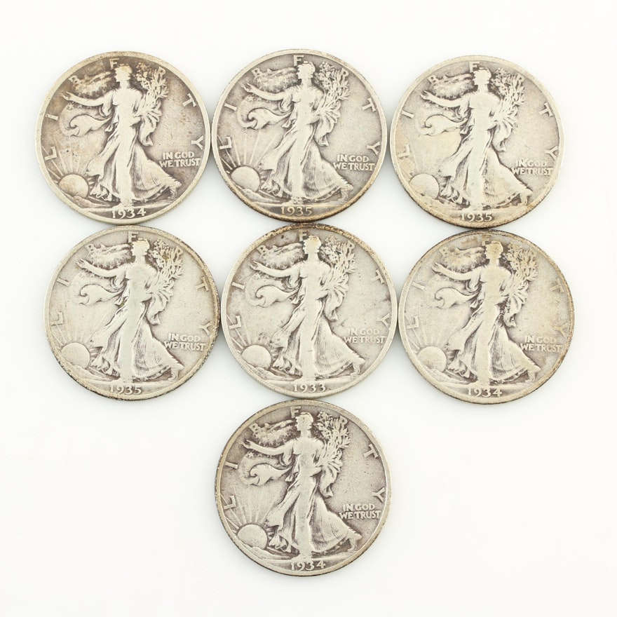 Seven Walking Liberty Silver Half Dollars from the 1930s