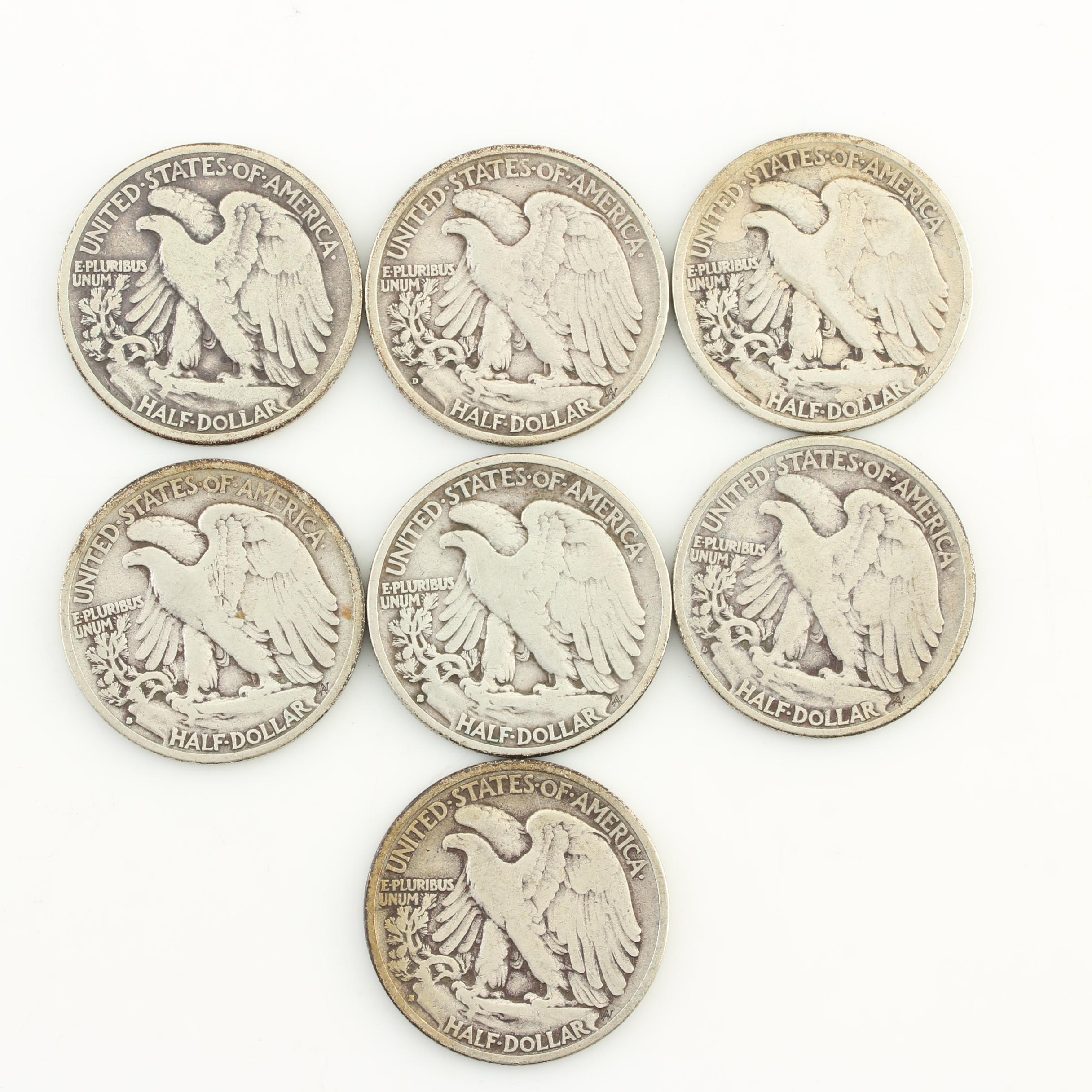 Seven Walking Liberty Silver Half Dollars from the 1930s