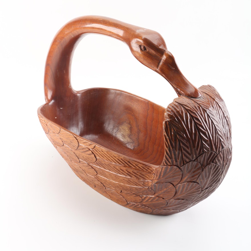 Vintage Carved Wooden Swan Basket