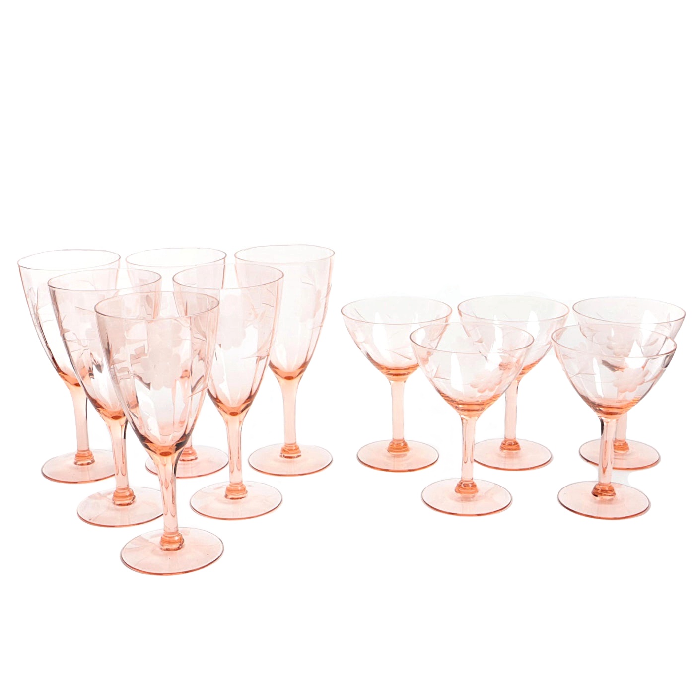 Floral Etched Pink Depression Glass Stemware