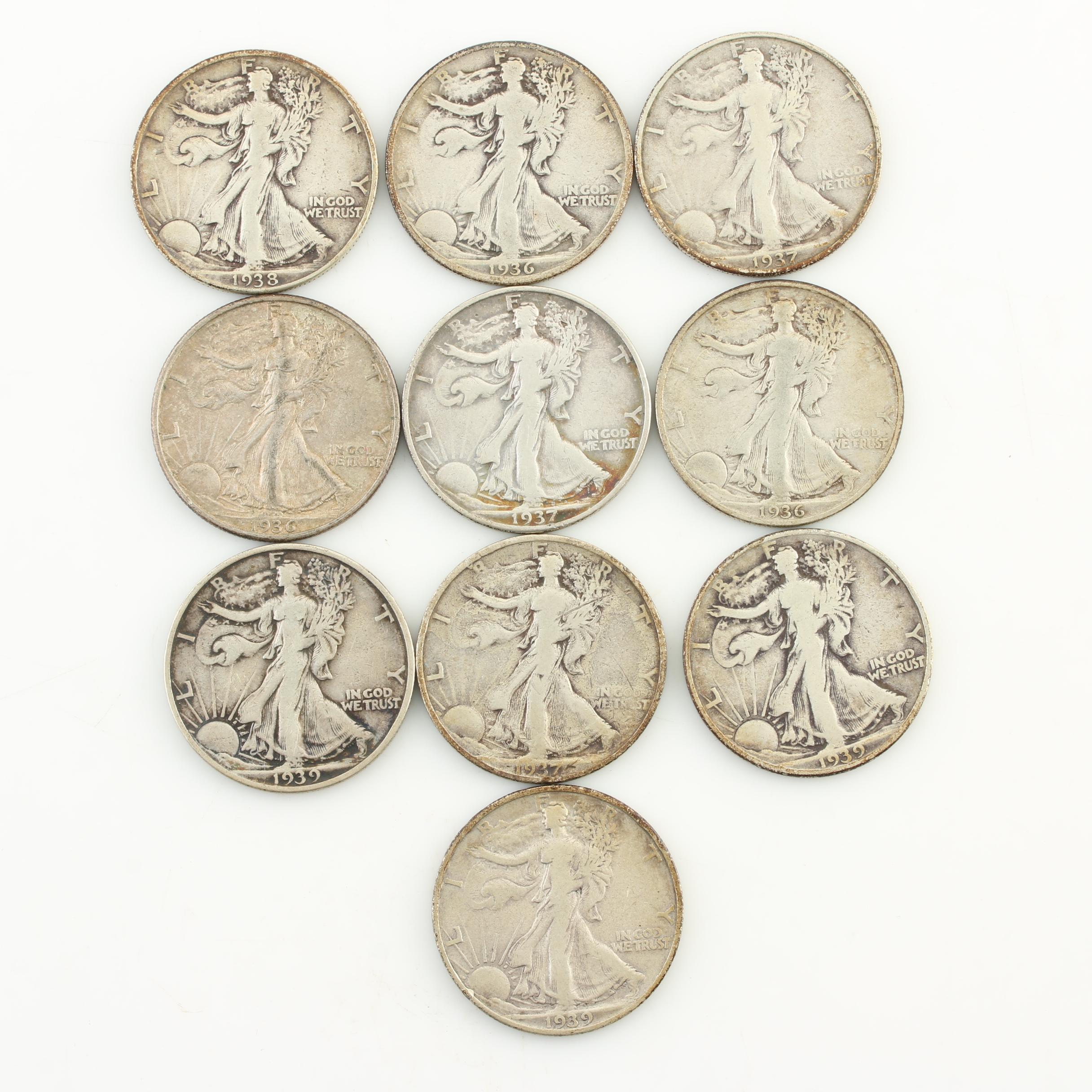 Ten Walking Liberty Silver Half Dollars from the Late 1930s