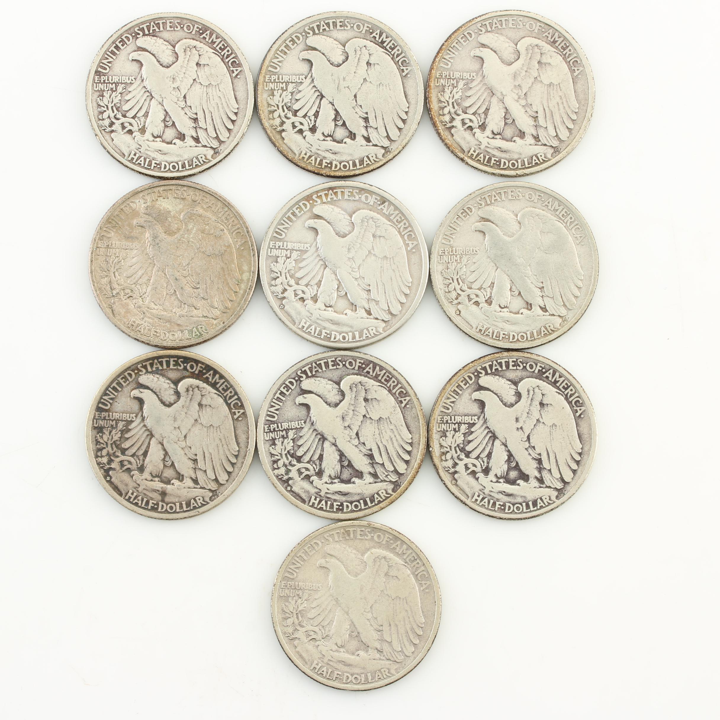 Ten Walking Liberty Silver Half Dollars from the Late 1930s