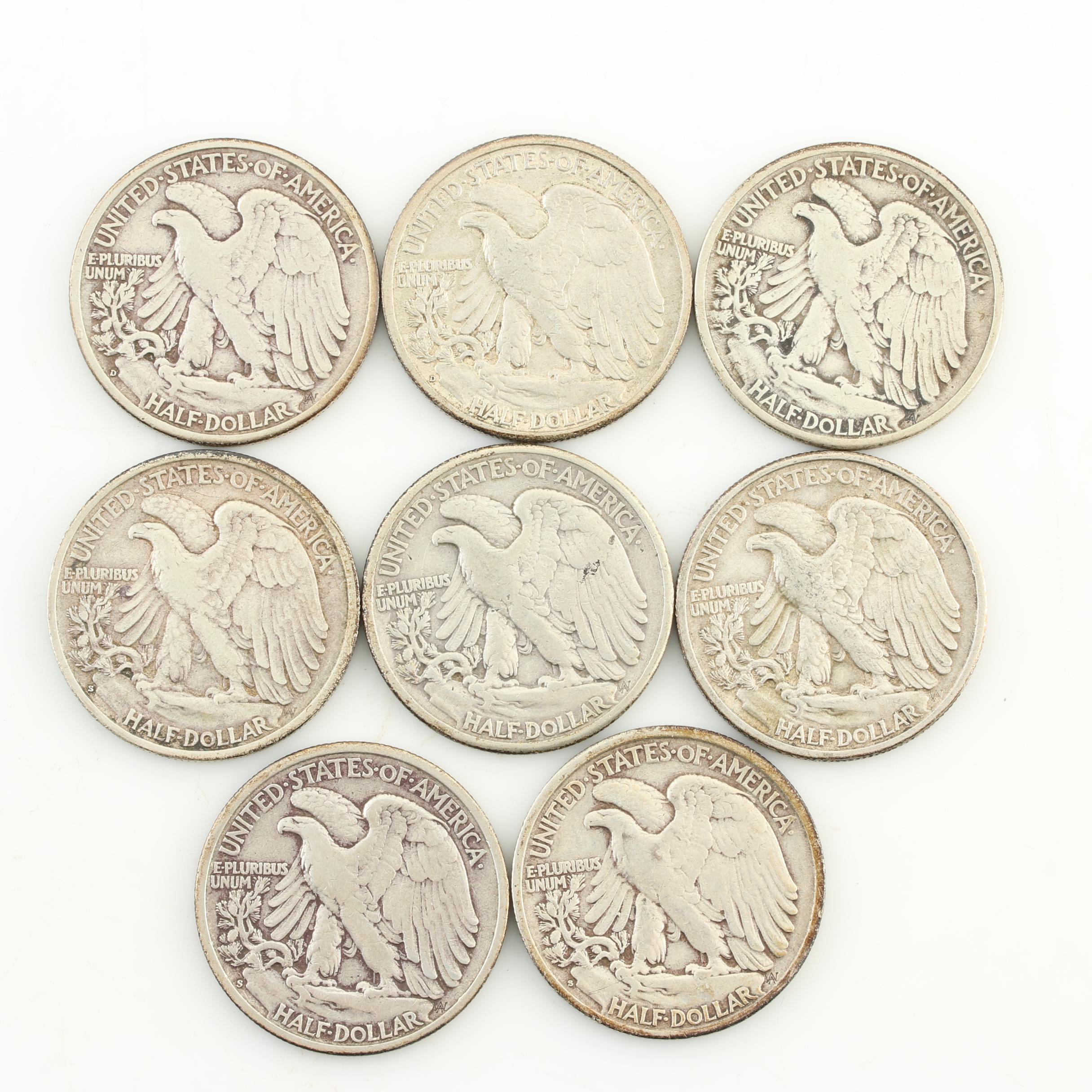 Eight Walking Liberty Silver Half Dollars from the Early 1940s
