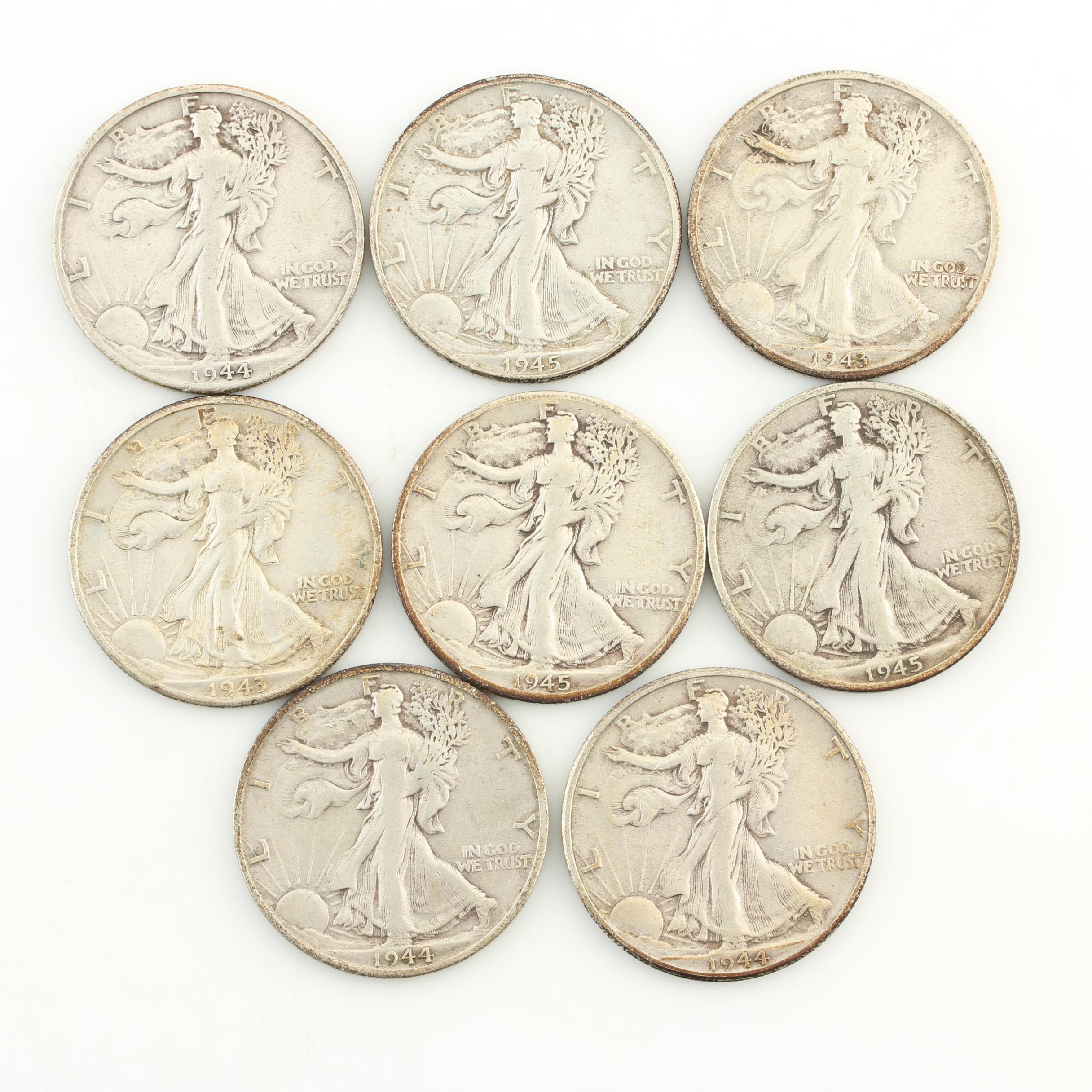 Eight Walking Liberty Silver Half Dollars from the Mid-1940s