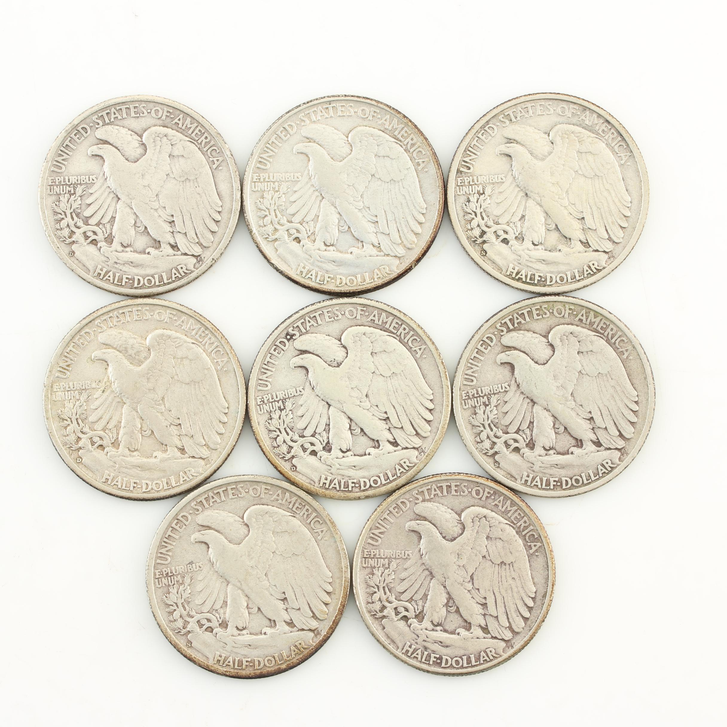 Eight Walking Liberty Silver Half Dollars from the Mid-1940s