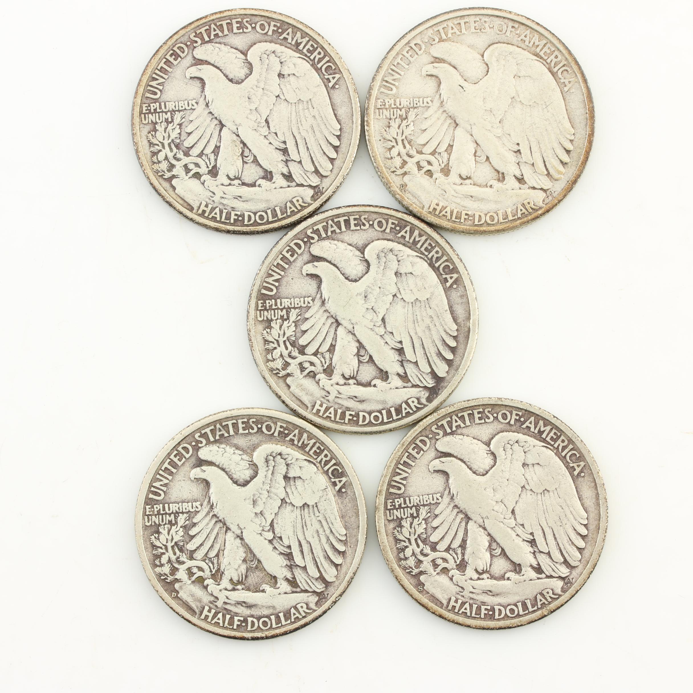 Five Late Issue Walking Liberty Silver Half Dollars