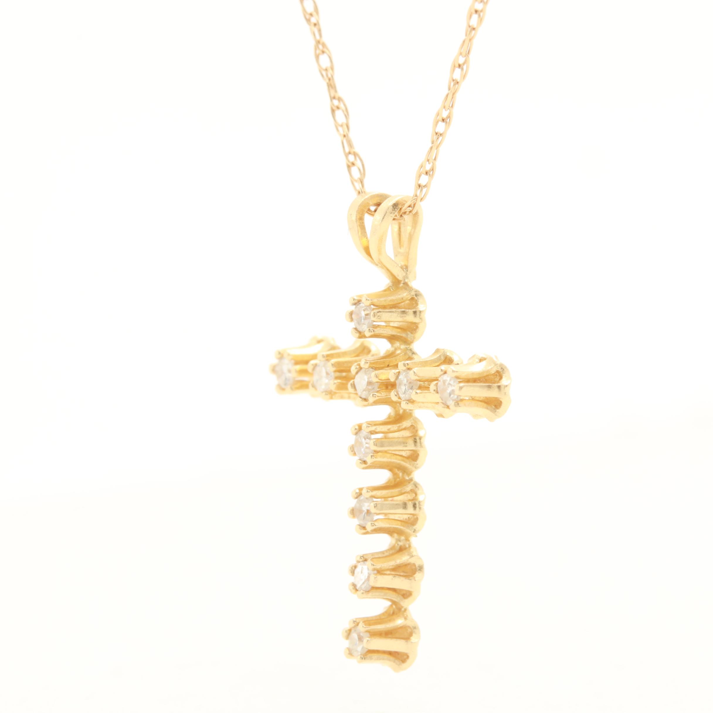 14K Yellow Gold Diamond Cross Necklace