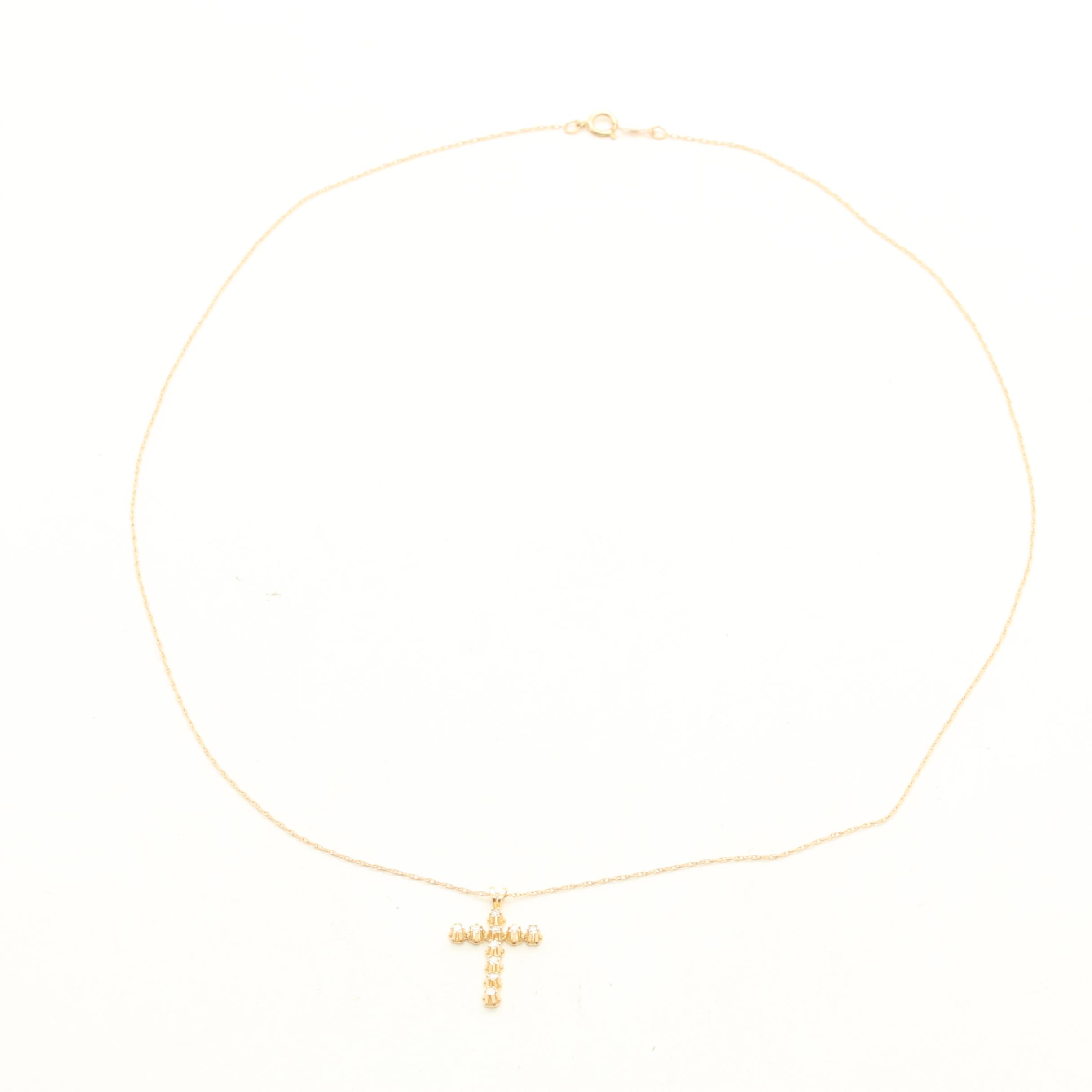 14K Yellow Gold Diamond Cross Necklace