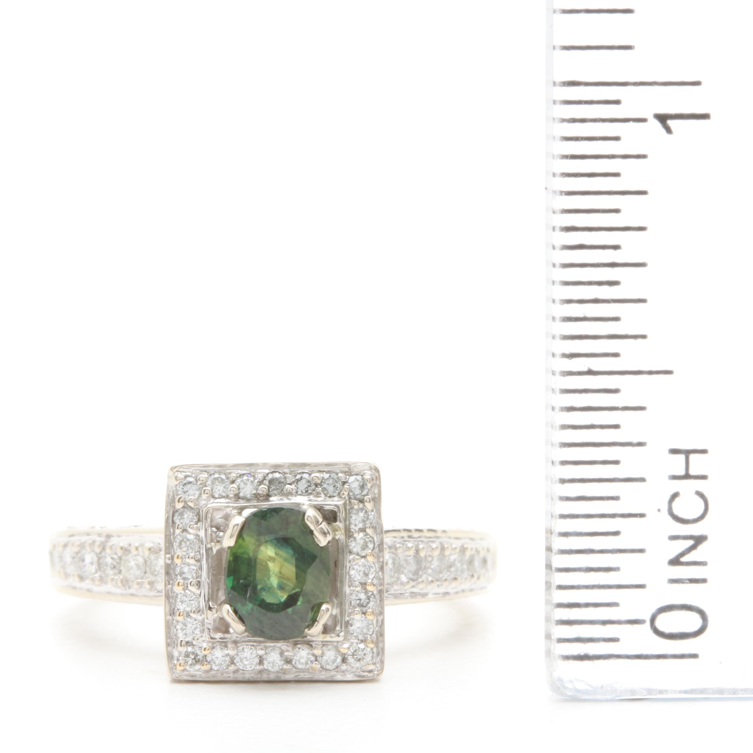 14K White Gold Green Sapphire and Diamond Ring