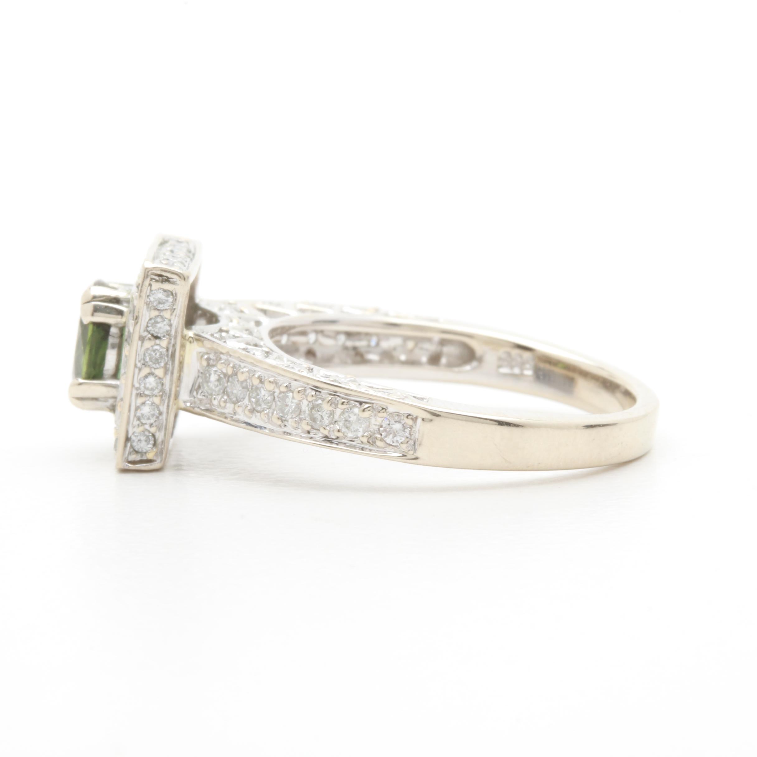 14K White Gold Green Sapphire and Diamond Ring