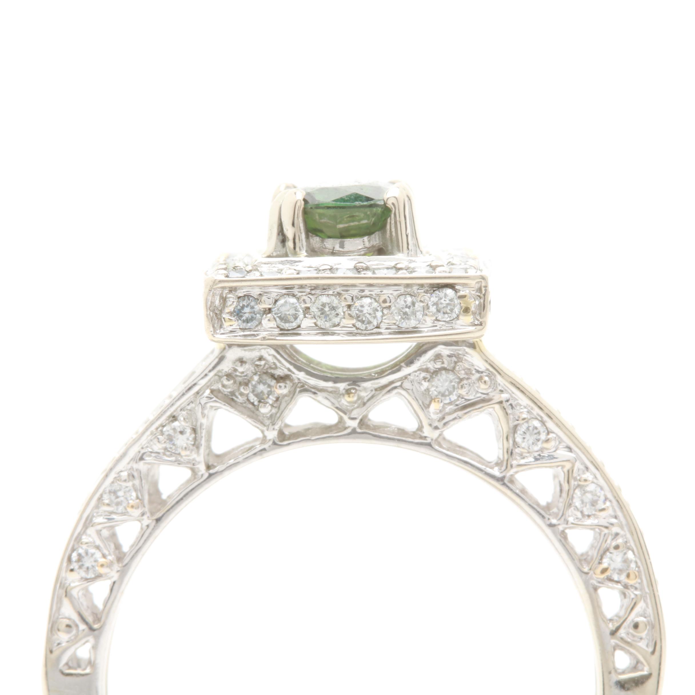 14K White Gold Green Sapphire and Diamond Ring