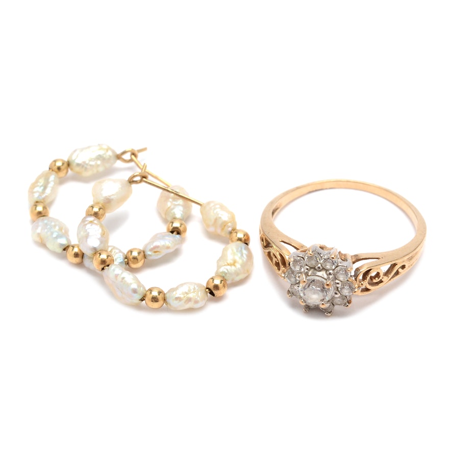 14K Gold Freshwater Pearl Earrings and 10K Gold Cubic Zirconia Ring