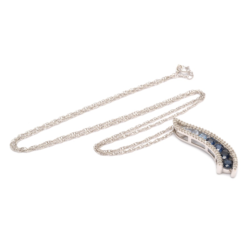 14K White Gold Blue Sapphire and Diamond Journey Necklace