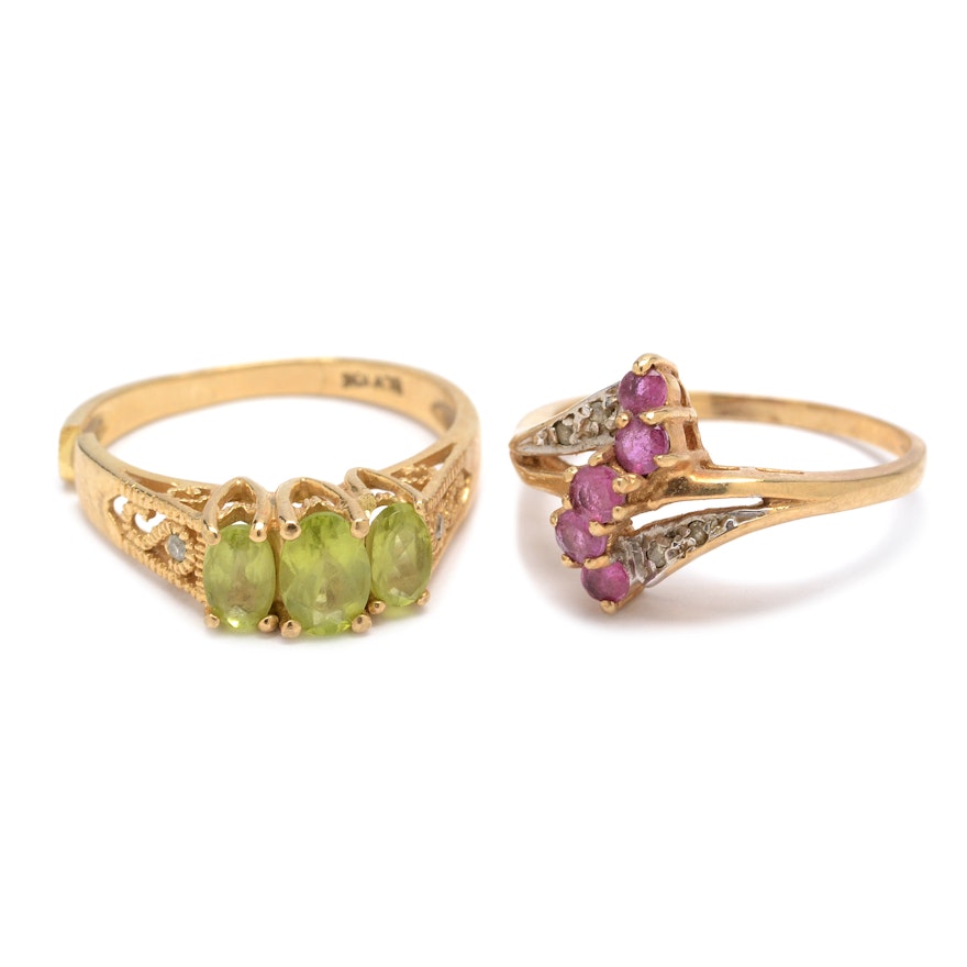 10K Yellow Gold Rings With Gemstones and Diamond Accents