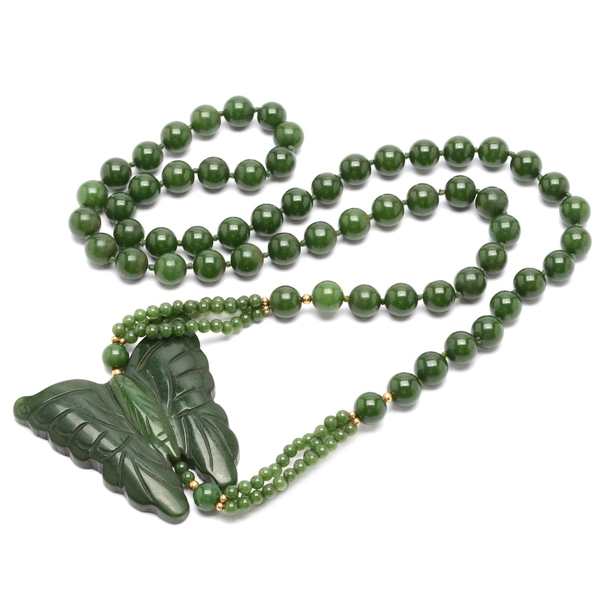 Beaded Nephrite Necklace Showcasing a Carved Butterfly Pendant