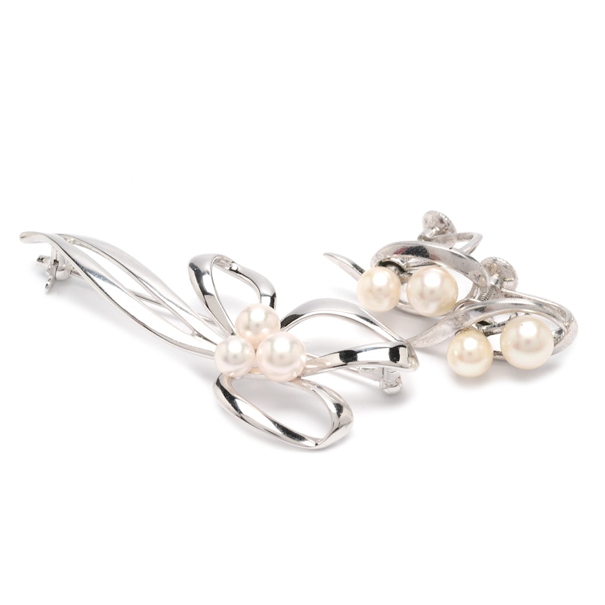 Mikimoto Sterling Silver and Cultured Pearl Earrings with Costume Brooch