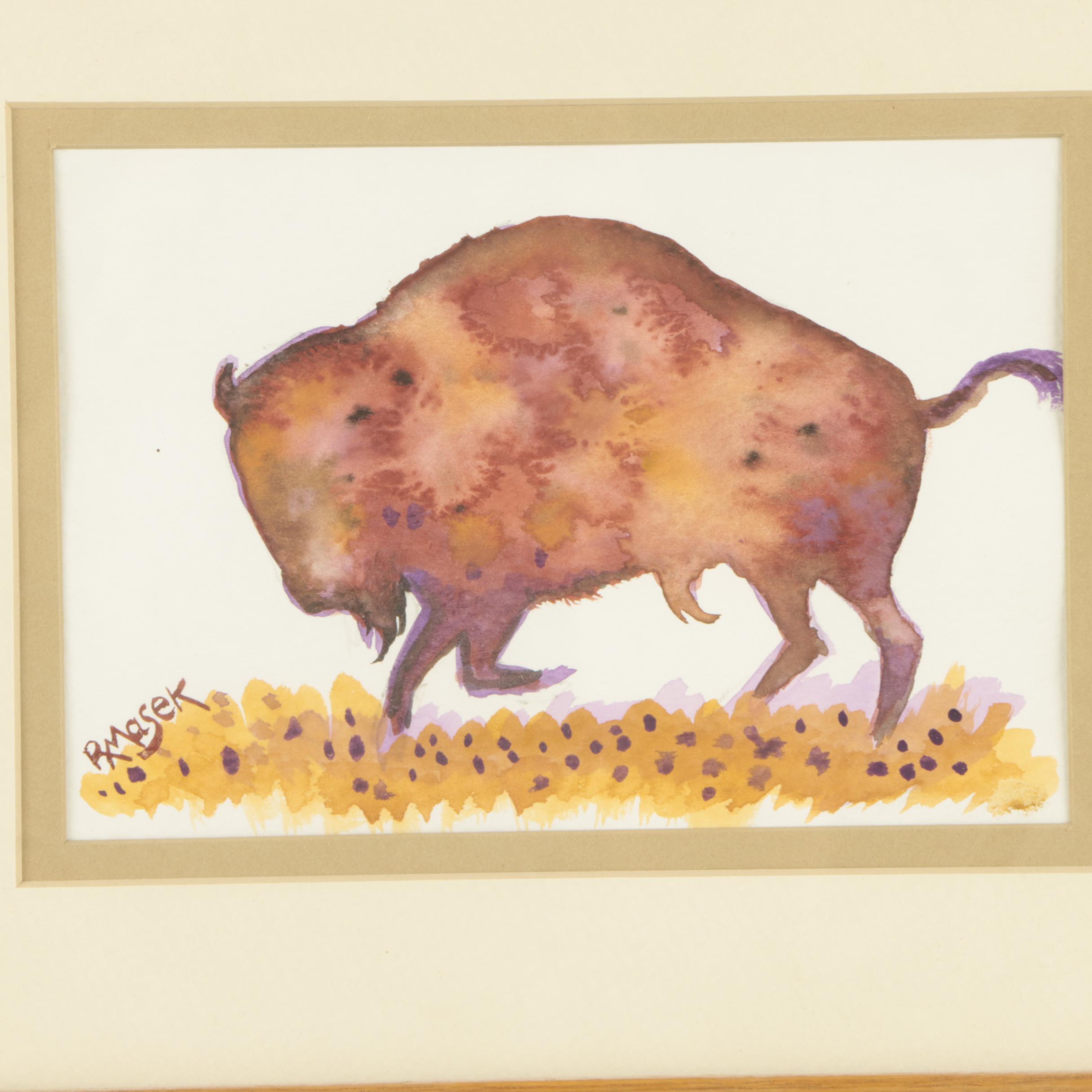 R. Masek Watercolor Painting of a Buffalo