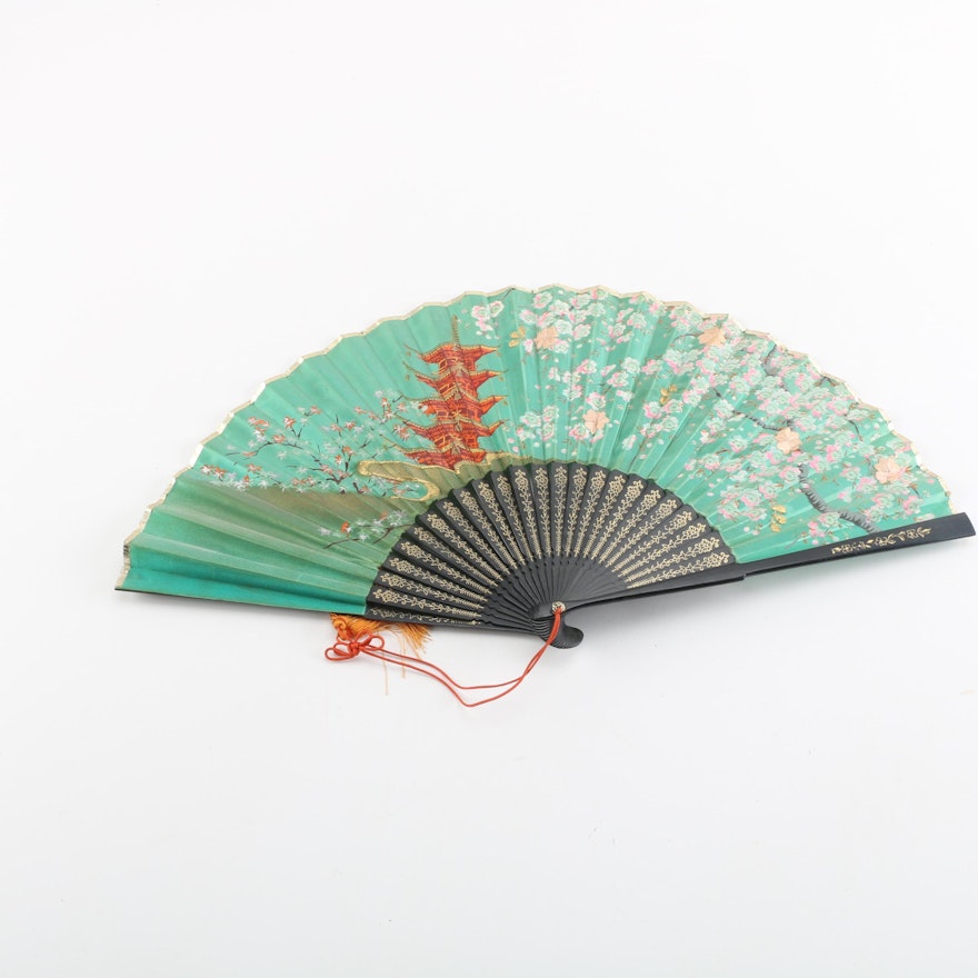 Vintage Chinese Hand-Painted and Embroidered Fabric Folding Fan