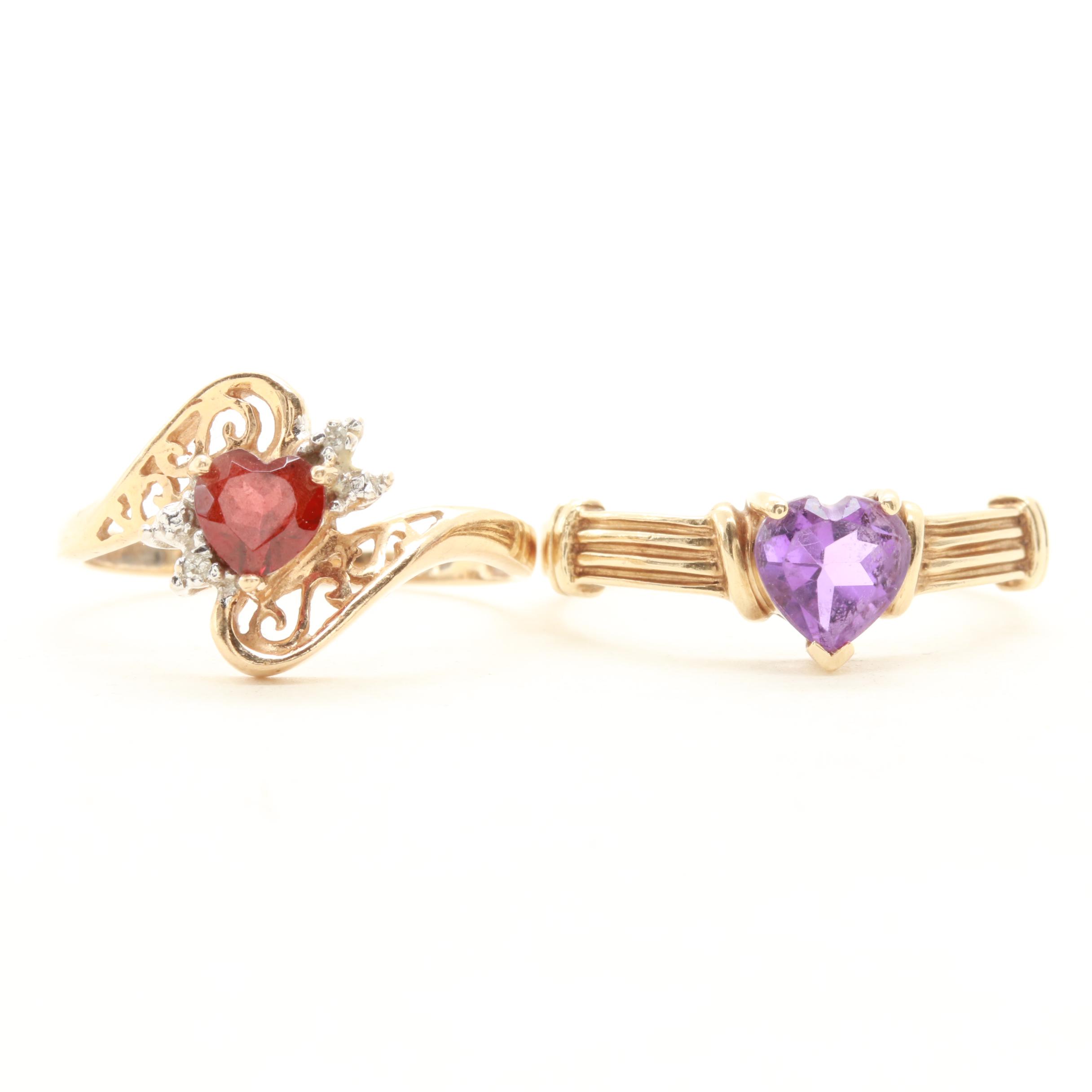 10K Yellow Gold Amethyst, Garnet and Diamond Rings