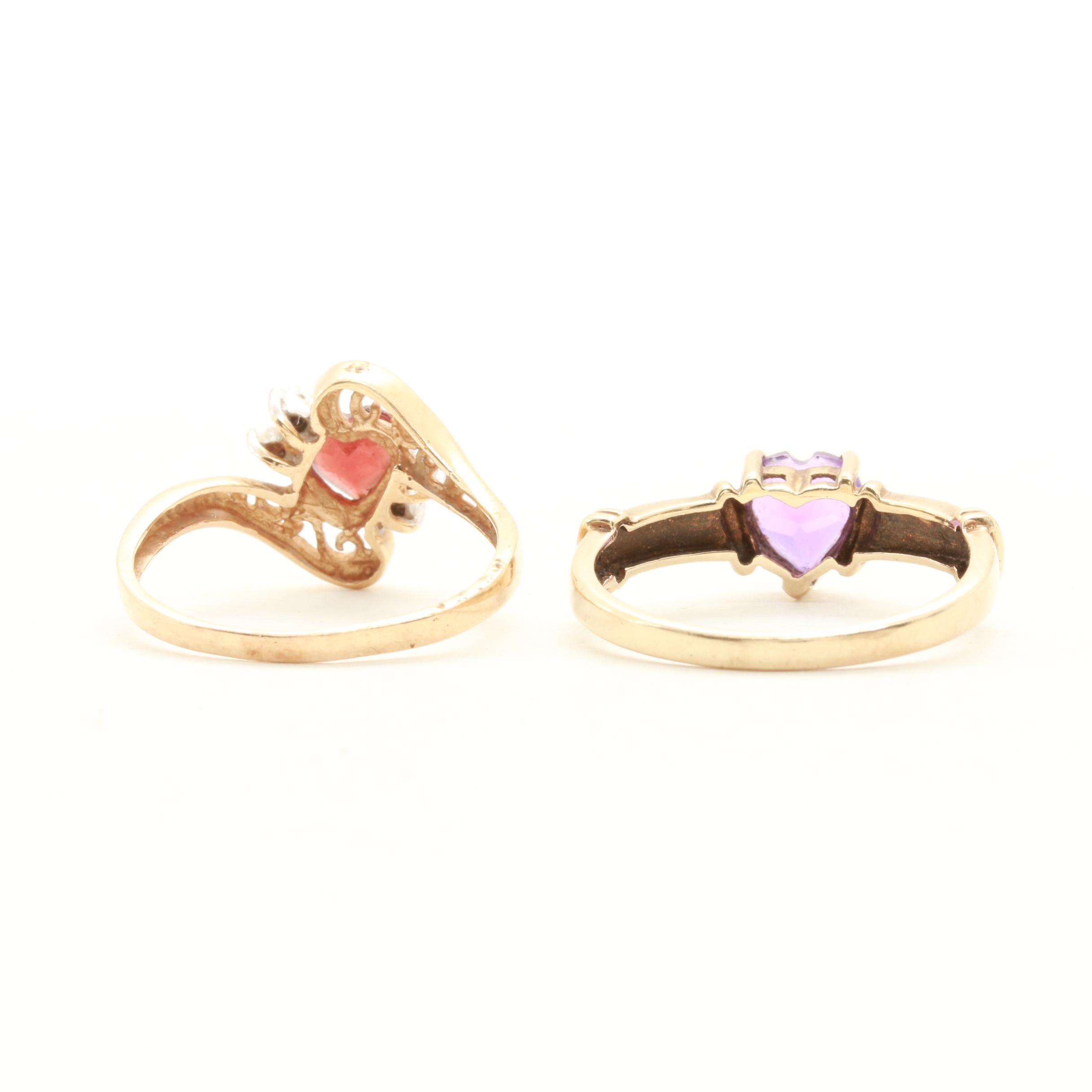 10K Yellow Gold Amethyst, Garnet and Diamond Rings