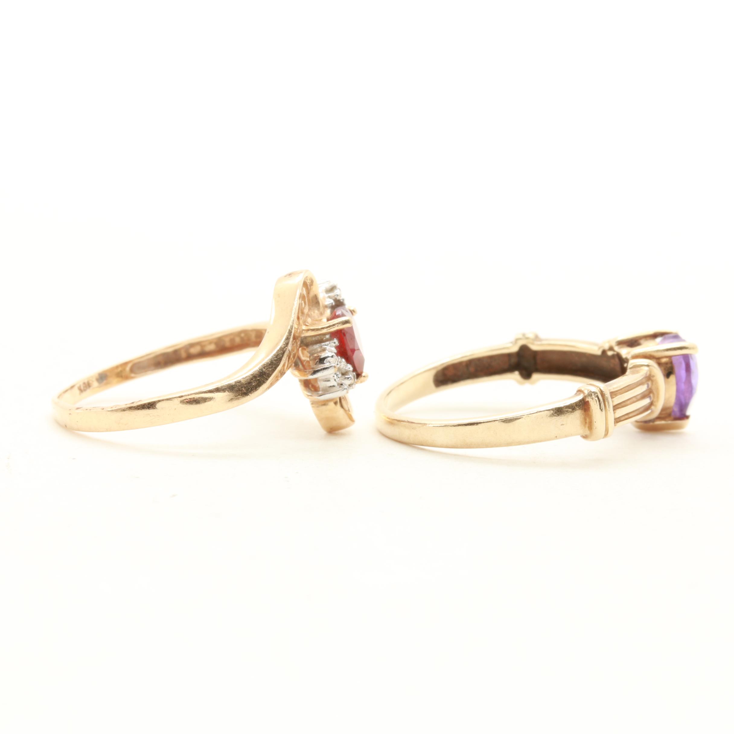 10K Yellow Gold Amethyst, Garnet and Diamond Rings