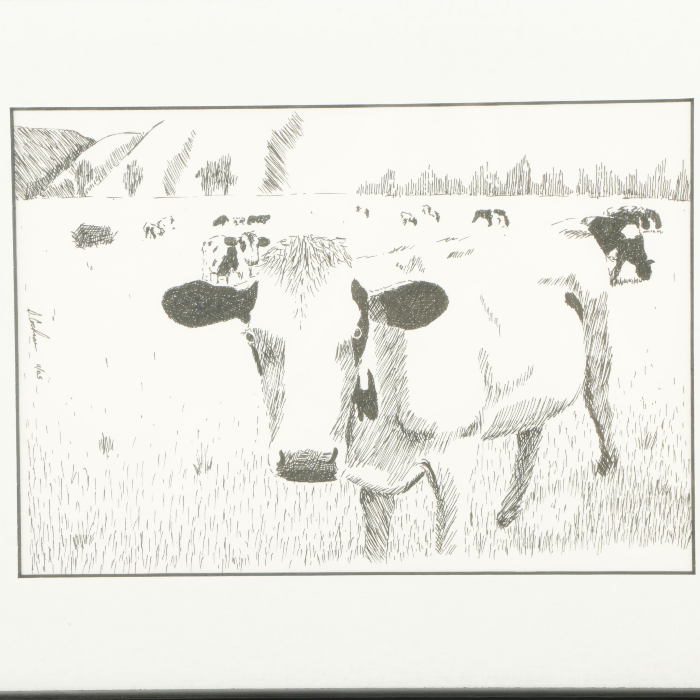David Cochran 2005 Ink Drawing of a Cow Pasture