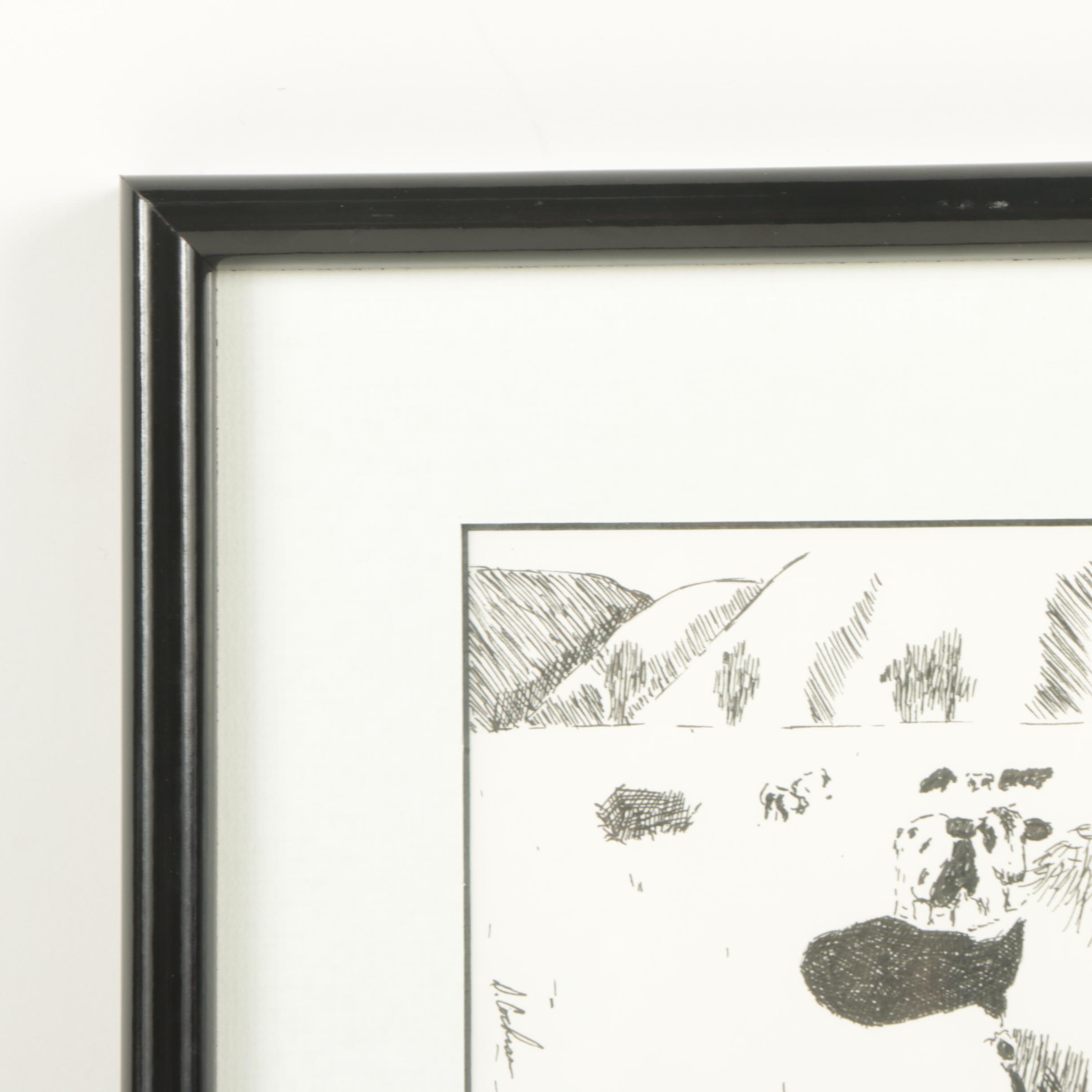 David Cochran 2005 Ink Drawing of a Cow Pasture