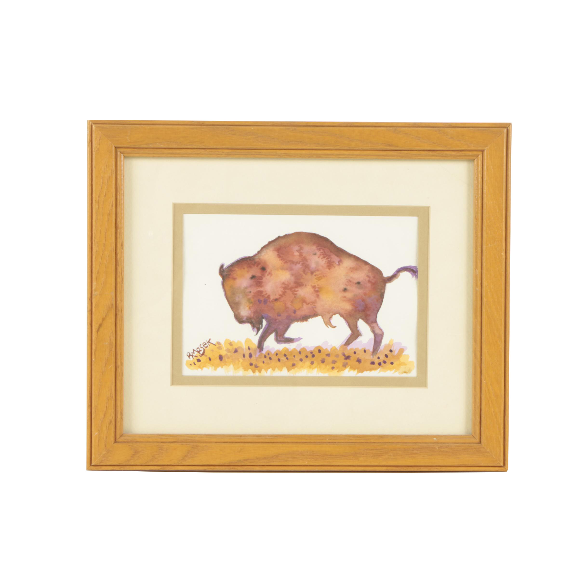 R. Masek Watercolor Painting of a Buffalo
